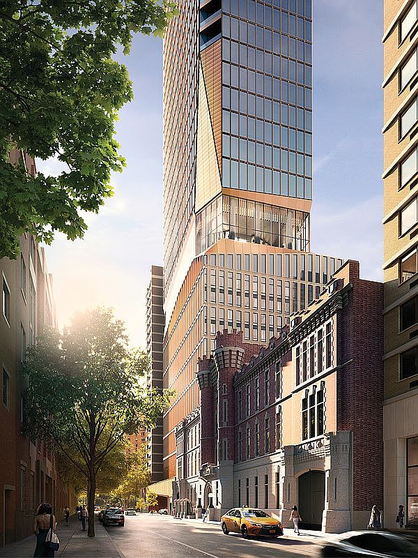 This architectural rendering depicts a striking contrast between a historic, red-brick armory building and a sleek, modern glass skyscraper rising directly behind it. The perspective is a street-level view looking down a city block, capturing the juxtaposition of traditional masonry and contemporary high-rise design. The scene is bathed in warm, golden-hour sunlight, highlighting the textures of the brickwork and the reflective glass facade of the new development.
