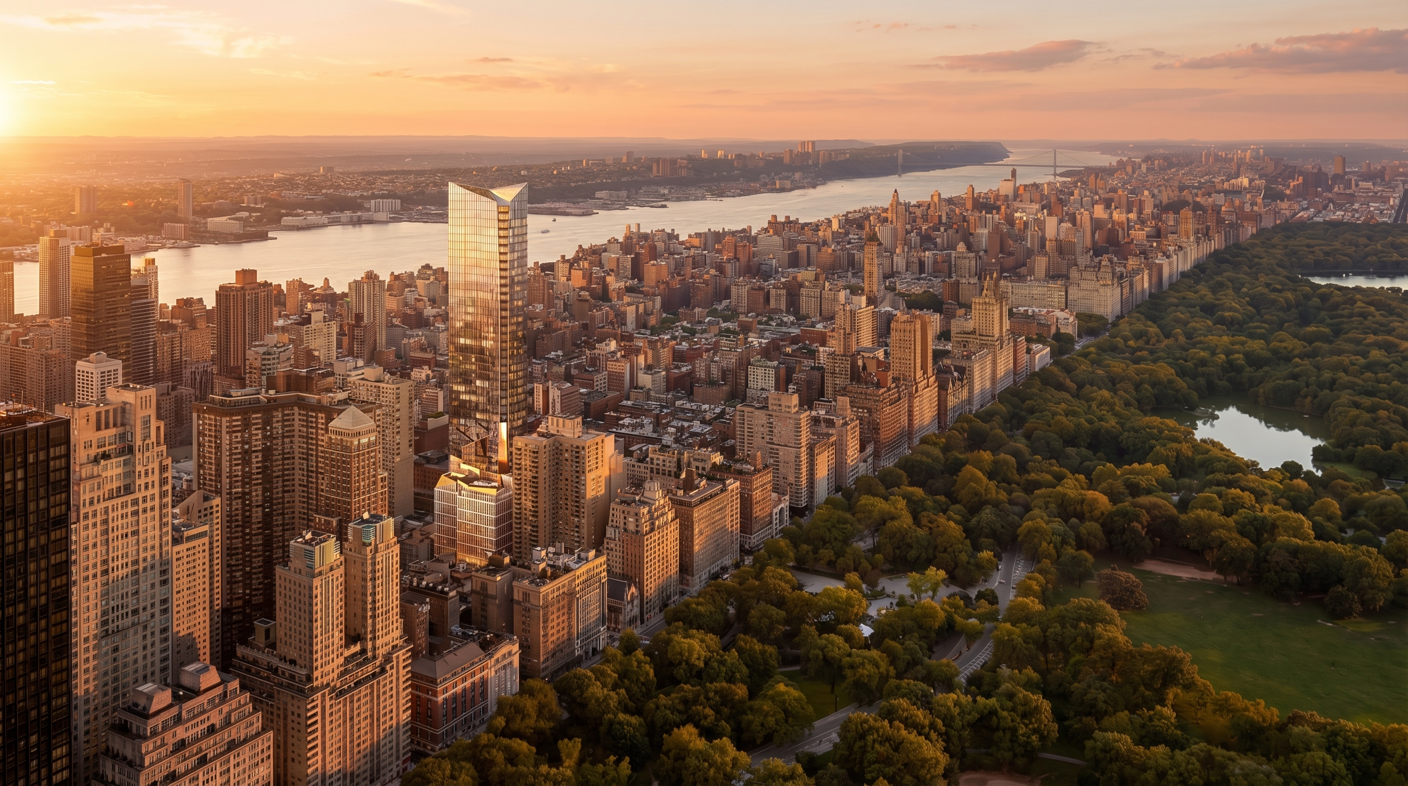This stunning aerial view captures a high-rise residential building in New York City, prominently showcasing its sleek, contemporary architecture against the lush backdrop of Central Park at sunset. The golden hour lighting enhances the glass facade of the tower and the expansive greenery of the park, creating a prestigious and highly desirable urban aesthetic. The perspective emphasizes its prime location, offering proximity to both major green spaces and the density of the city skyline.
