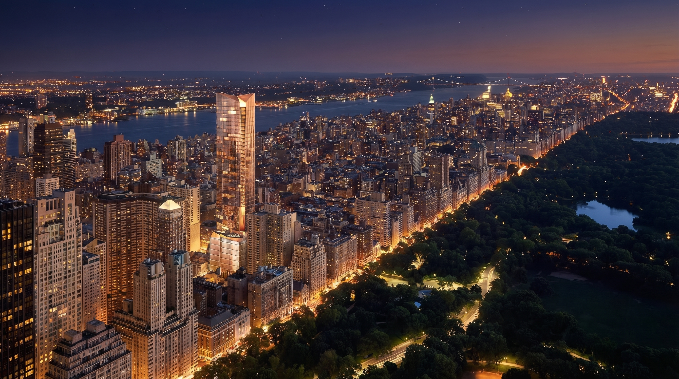 This stunning nighttime aerial view of a major metropolis, likely New York City, highlights a prominent, illuminated skyscraper positioned near a large, expansive parkland. The cityscape is dense with vertical structures and glowing streetlights, creating a sophisticated and energetic urban atmosphere. The image emphasizes the building's prime location, offering a sense of scale and prestige ideal for showcasing luxury high-rise real estate.