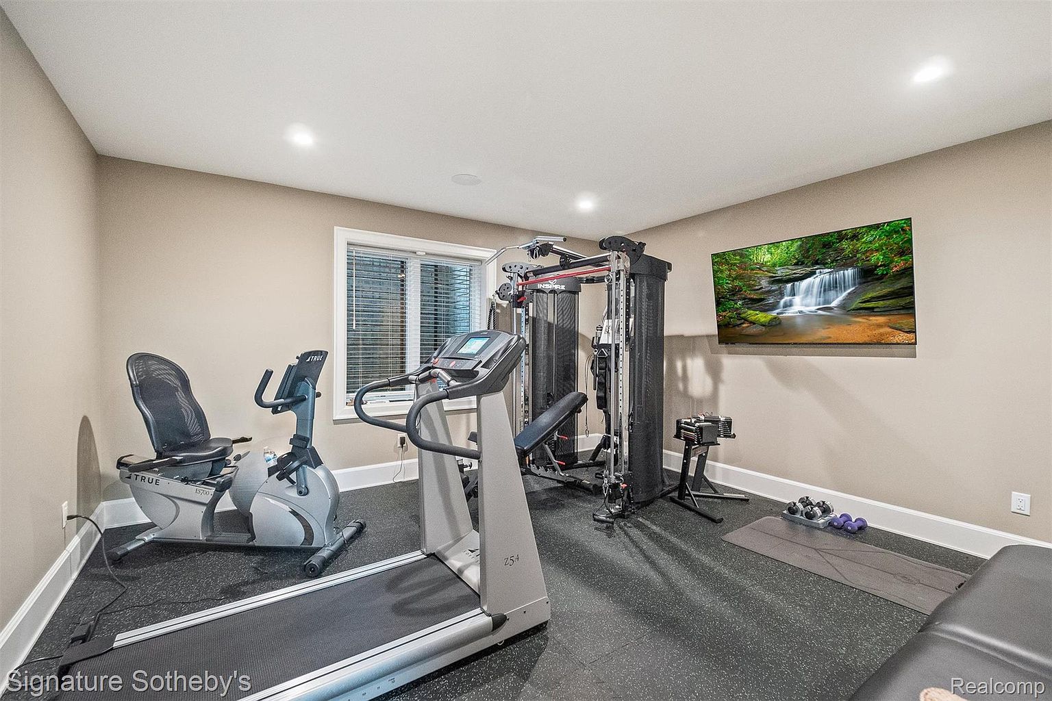 This is a well-equipped home gym featuring a treadmill, stationary bike, and a multi-station weight machine. The room has a rubber floor, a wall-mounted television displaying a nature scene, and a window providing natural light. The overall impression is a dedicated and functional space for fitness.