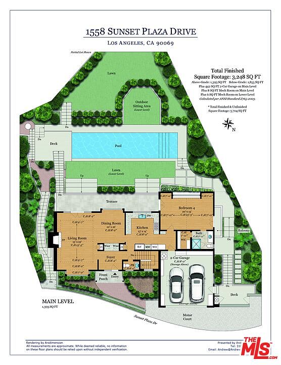 This image presents a detailed floor plan of a property located at 1558 Sunset Plaza Drive, Los Angeles. The plan showcases the layout of the main level, including the living room, dining room, kitchen, bedrooms, and a 2-car garage, as well as exterior features like a pool, lawn, and outdoor sitting area. The total finished square footage is noted as 3,248 SQ FT, providing a comprehensive overview of the property's spatial arrangement.
