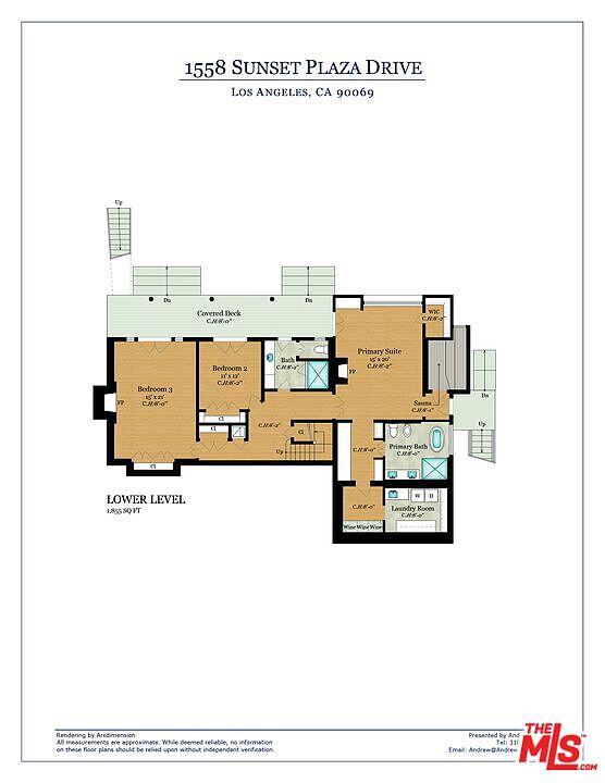 This image showcases a detailed floor plan of a lower level, featuring bedrooms, bathrooms, a primary suite, a laundry room, and a covered deck. The layout provides a clear understanding of the spatial arrangement and connectivity between different areas. The floor plan includes dimensions and labels for each room, offering a comprehensive overview of the property's design.