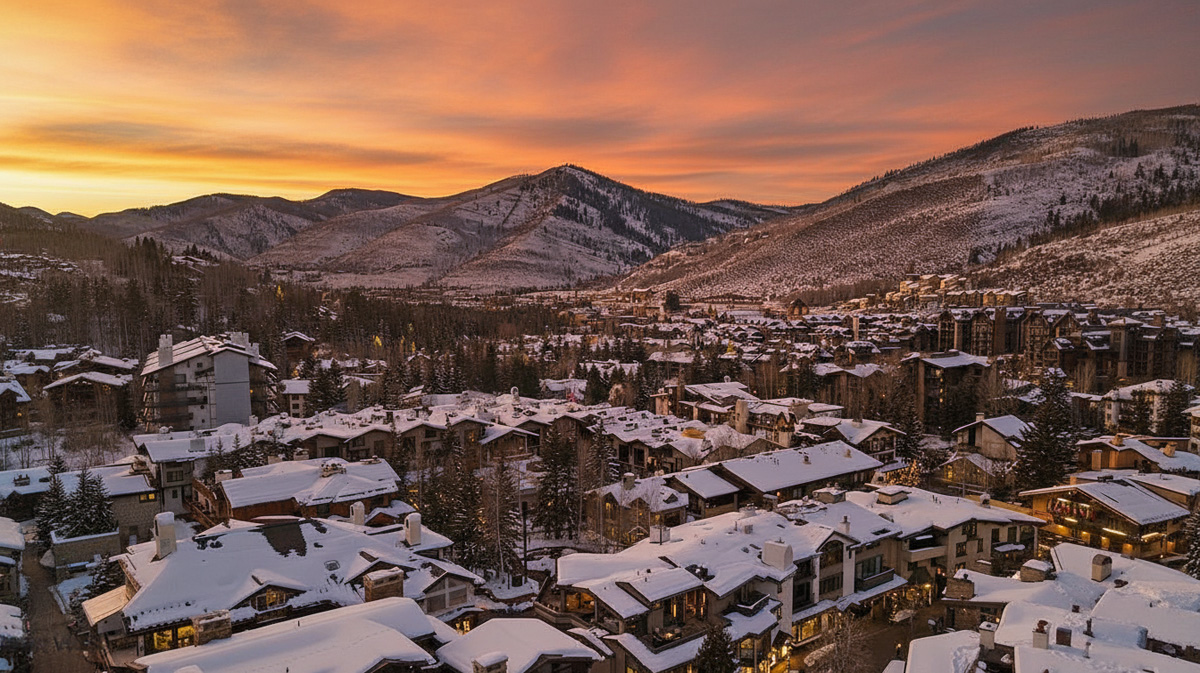 This is an aerial shot of a snow-covered residential area nestled in a mountain range at sunset. The houses feature snow-covered rooftops, suggesting a ski resort or mountain town. The sky displays vibrant colors, creating a picturesque and inviting scene suitable for showcasing a desirable real estate location.