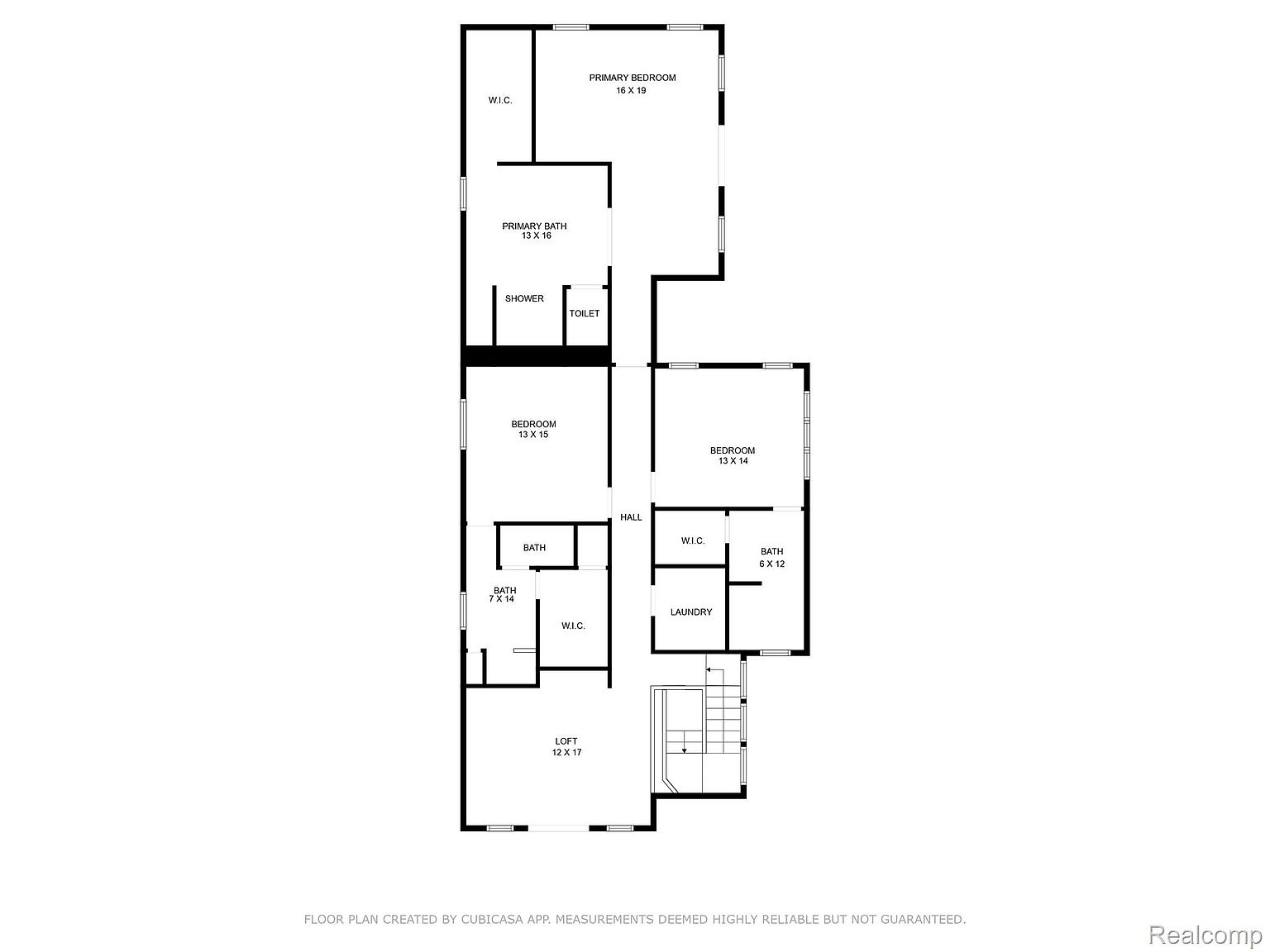 This image is a floor plan of a two-story house, detailing the layout of rooms including the primary bedroom, guest bedrooms, bathrooms, a loft, laundry room, and walk-in closets. The plan provides dimensions for each room, offering a clear understanding of the property's spatial arrangement and room sizes.