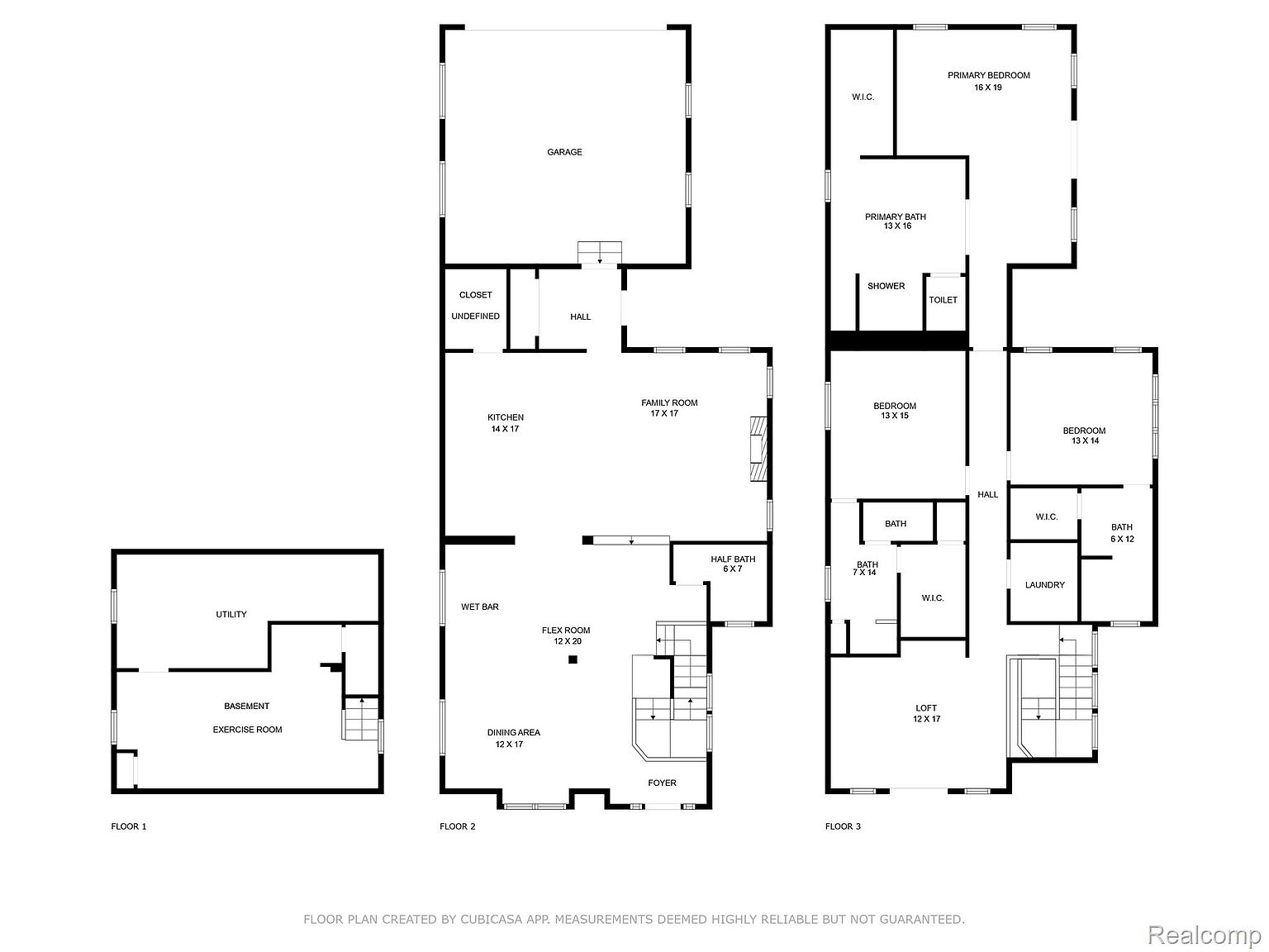 This image presents a detailed floor plan of a multi-story house, outlining the layout of each floor. The plan includes room dimensions and labels, such as 'Primary Bedroom 16 X 19', 'Kitchen 14 X 17', and 'Basement', providing a comprehensive overview of the property's structure and space allocation. The floor plan also shows the location of bathrooms, closets, and other features.