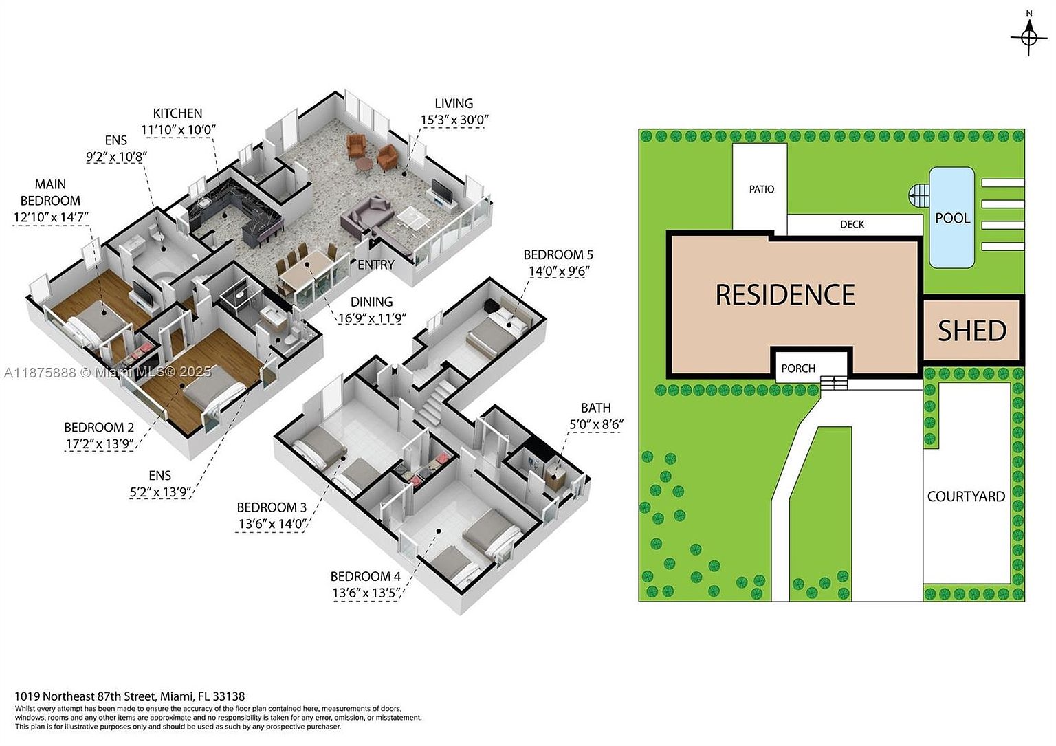 This image presents a detailed floor plan of a residence, showcasing the layout of rooms including the main bedroom, kitchen, living area, dining room, and several other bedrooms and bathrooms. The plan also illustrates the exterior space, featuring a patio, deck, pool, shed, and courtyard, providing a comprehensive overview of the property's structure and outdoor amenities. The perspective is from a bird's eye view, offering a clear understanding of the spatial relationships between different areas of the home and its surroundings.