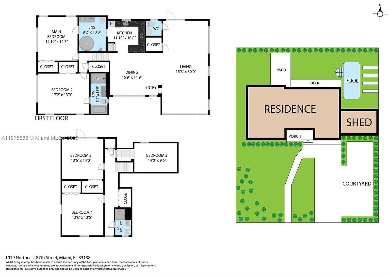 This image presents a detailed floor plan of a two-story house, including dimensions for each room. The first floor features a main bedroom, kitchen, dining area, living room, and additional bedroom, while the second floor includes multiple bedrooms and a bathroom. The exterior layout shows a residence with a pool, shed, patio, deck, and courtyard, providing a comprehensive overview of the property's layout and features.