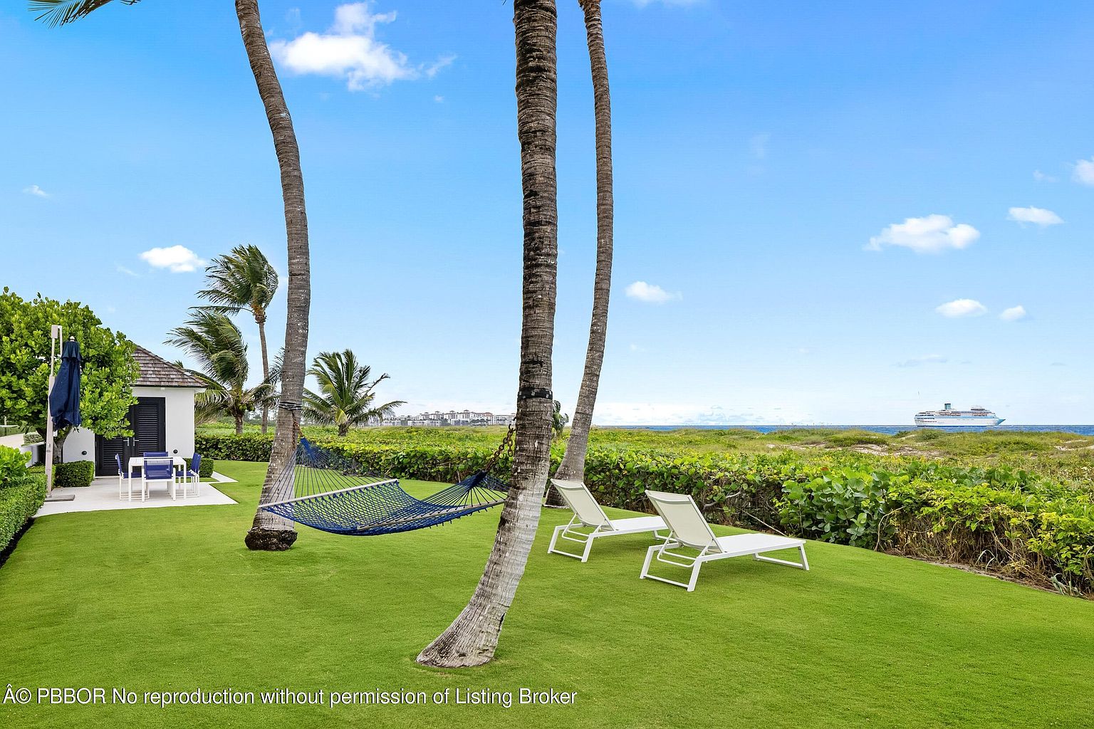 This image showcases a beautifully maintained yard or garden area, likely part of a luxury property. The lush green lawn is complemented by mature palm trees, a hammock, and lounge chairs, creating a relaxing outdoor space. In the background, the ocean and a cruise ship can be seen, suggesting a waterfront location with stunning views.
