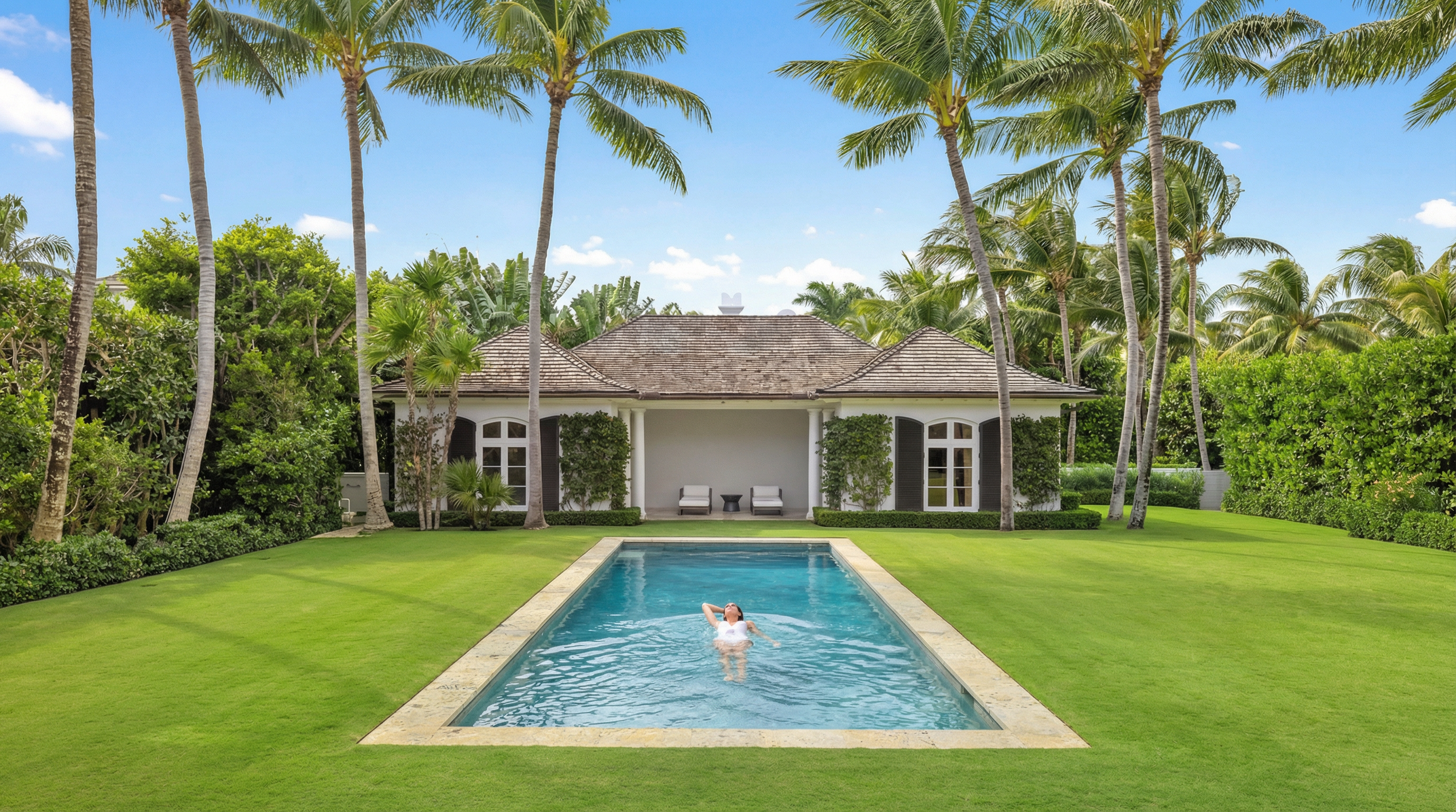 This stunning backyard oasis features a serene, clear blue swimming pool centered in a lush, expansive green lawn. The property is framed by elegant palm trees and dense hedges, providing a sense of privacy and tranquility. A charming cabana structure with an open-air sitting area offers a sophisticated space for relaxation, embodying a luxurious and serene outdoor living aesthetic.