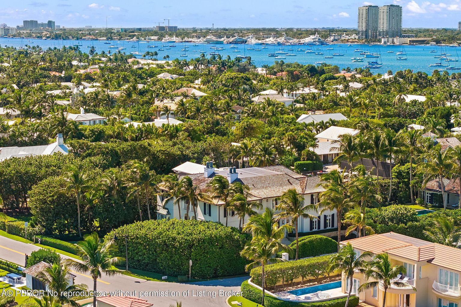 This aerial shot showcases a luxurious residential area with lush greenery and stunning waterfront views. Several large homes are nestled among palm trees and manicured landscapes, with a glimpse of a swimming pool. In the background, a bay filled with boats and a cityscape add to the upscale ambiance, suggesting a high-end coastal community.