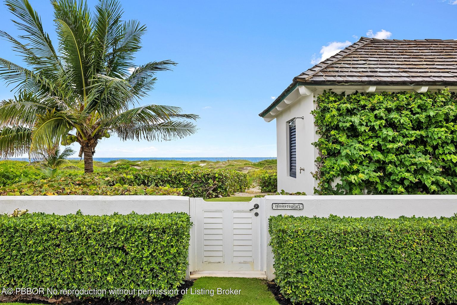 This image showcases a charming exterior view of a property, featuring a white gate flanked by manicured hedges and a white wall. A palm tree stands to the left, with a glimpse of the ocean in the background, adding to the serene atmosphere. The building on the right is partially covered in lush greenery, enhancing the property's appeal and privacy.