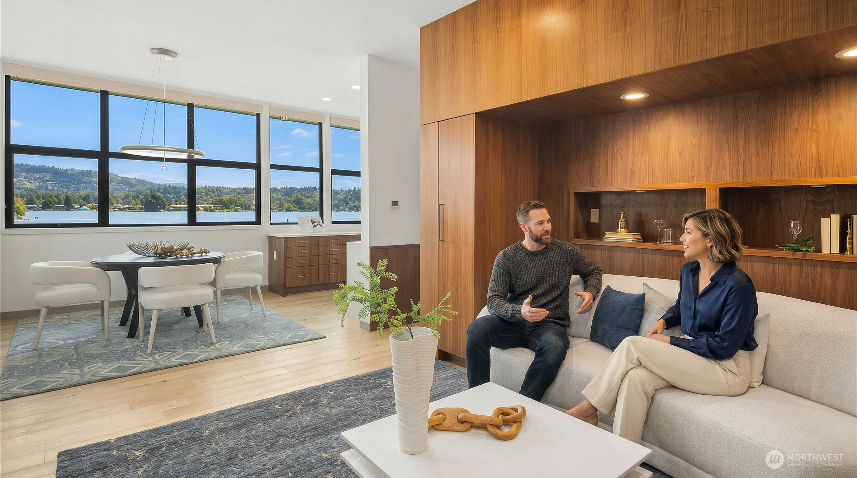 This sophisticated living space features a modern, open-concept design with a warm wood-paneled accent wall and a plush, light-colored sofa. The room seamlessly transitions into a dining area with floor-to-ceiling windows that offer a stunning, expansive view of the lake and surrounding landscape. The combination of natural wood textures, contemporary furniture, and abundant natural light creates an inviting and luxurious atmosphere.
