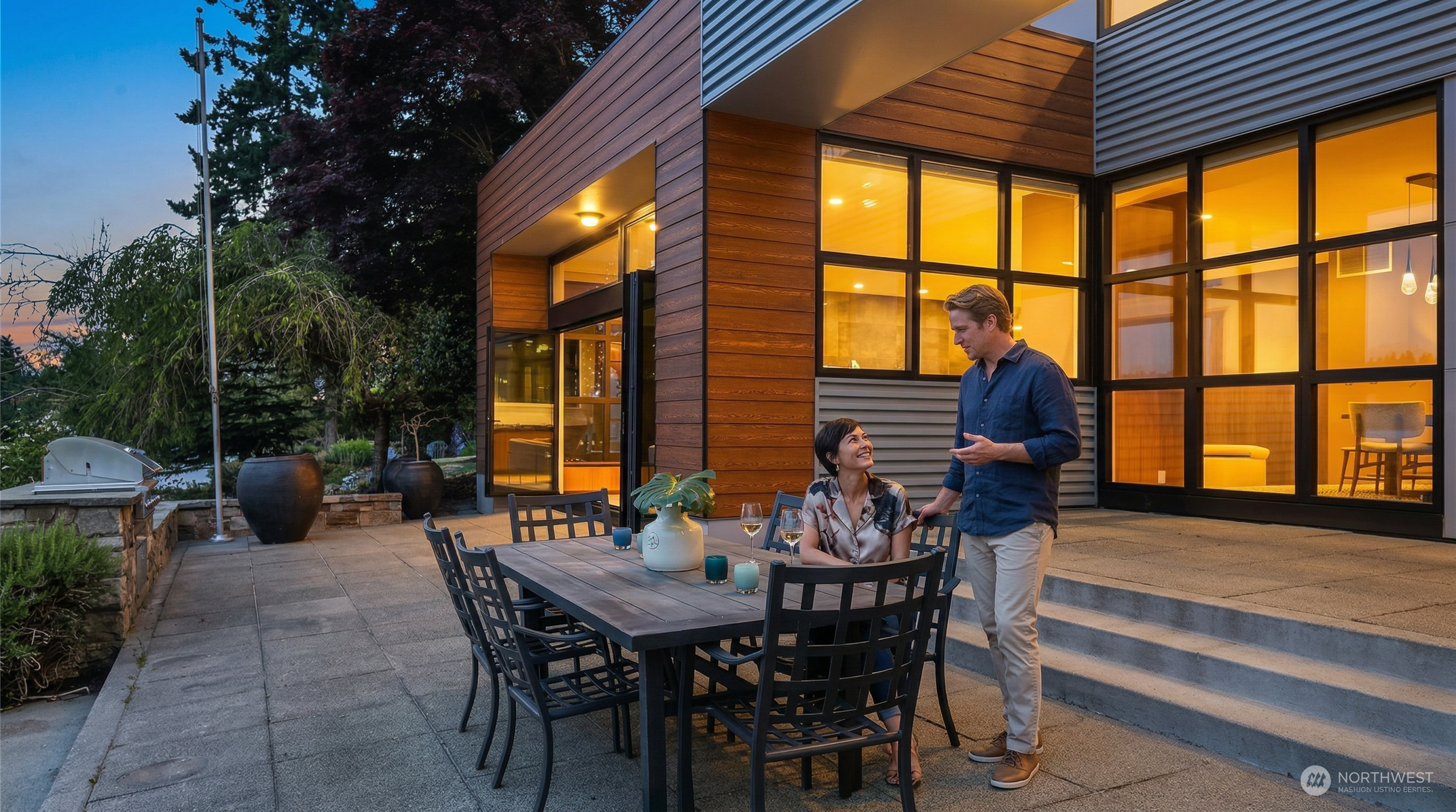 This image showcases a modern, multi-level outdoor patio space featuring a dark metal dining set and a stone-paved floor. The architecture blends warm wood siding with sleek, industrial-style metal panels and expansive floor-to-ceiling windows that glow with warm interior lighting. The perspective is a low-angle shot that emphasizes the seamless transition between the indoor living area and the inviting, sophisticated outdoor entertainment space.