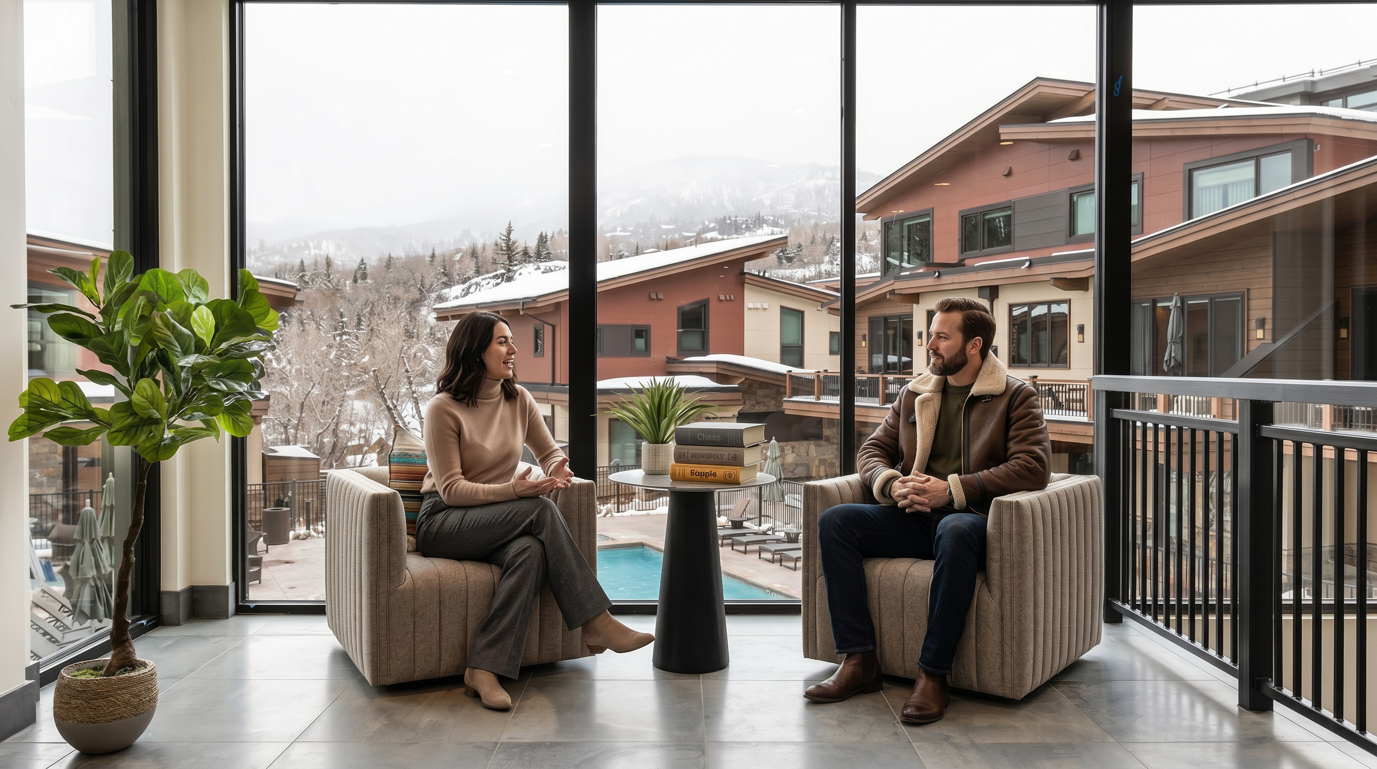 This bright and inviting sunroom features floor-to-ceiling windows that frame a scenic, snow-dusted mountain landscape and a courtyard with a swimming pool. The space is furnished with two textured, neutral-toned armchairs flanking a small pedestal table, creating a cozy seating nook. A potted fiddle leaf fig adds a touch of greenery, while the sleek tile flooring and modern architectural lines provide a sophisticated, contemporary aesthetic.