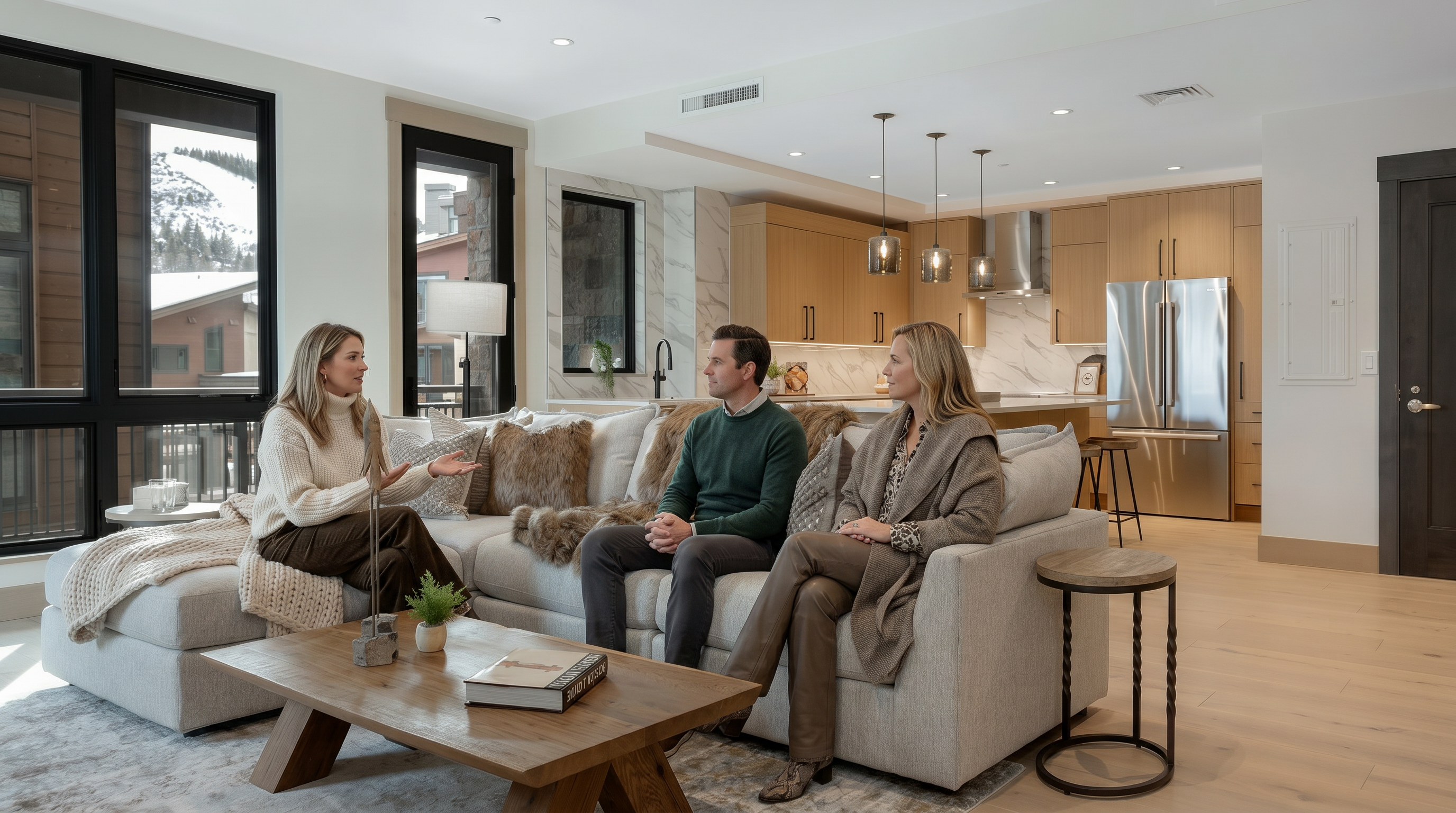 This open-concept living space features a plush, light-gray sectional sofa adorned with textured throw pillows and a faux-fur blanket, centered around a rustic wooden coffee table. The room seamlessly transitions into a modern kitchen with light wood cabinetry, marble backsplash, and stainless steel appliances, creating a warm and inviting atmosphere. Large windows provide ample natural light and a view of the snowy exterior, emphasizing the cozy, mountain-modern aesthetic.