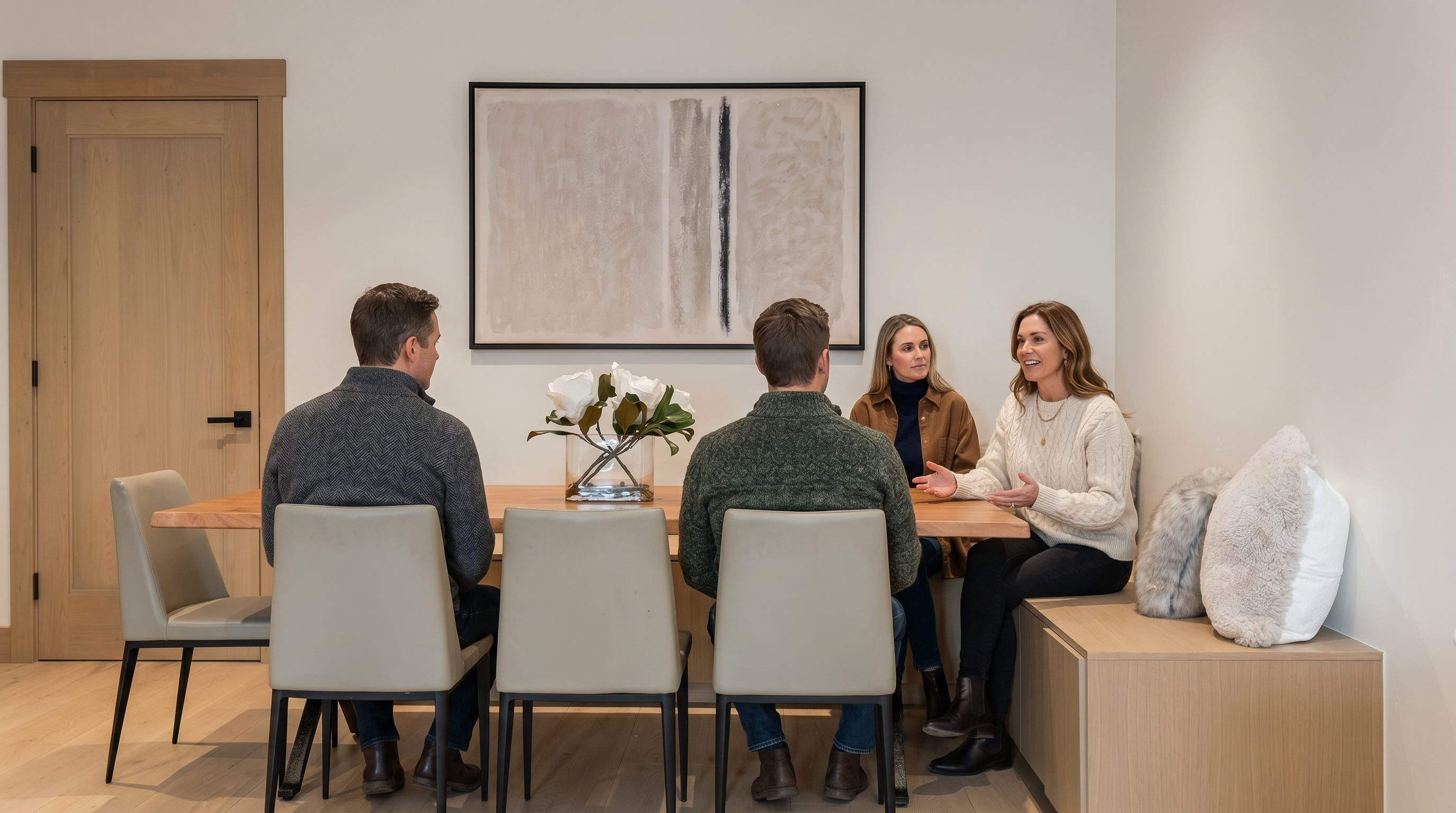 This contemporary dining area features a sleek wooden table paired with three modern grey chairs and a built-in corner bench with plush, textured throw pillows. A large, abstract framed artwork hangs on the neutral-toned wall above the table, which is accented by a simple floral centerpiece. The space is bright and minimalist, showcasing a clean, functional design perfect for casual dining.