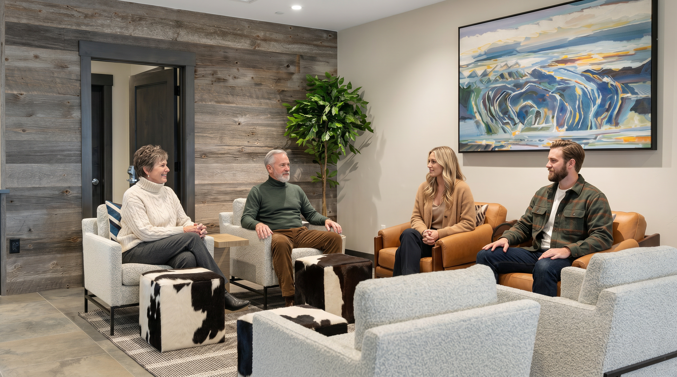 This inviting lounge area features a sophisticated blend of rustic and modern design, highlighted by a reclaimed wood accent wall and contemporary textured armchairs. The space is arranged with multiple seating groups, including ottomans and patterned throw pillows, all set against a large, vibrant abstract painting that serves as a focal point. The perspective is a wide, eye-level shot that captures the comfortable, upscale atmosphere of a shared community space.