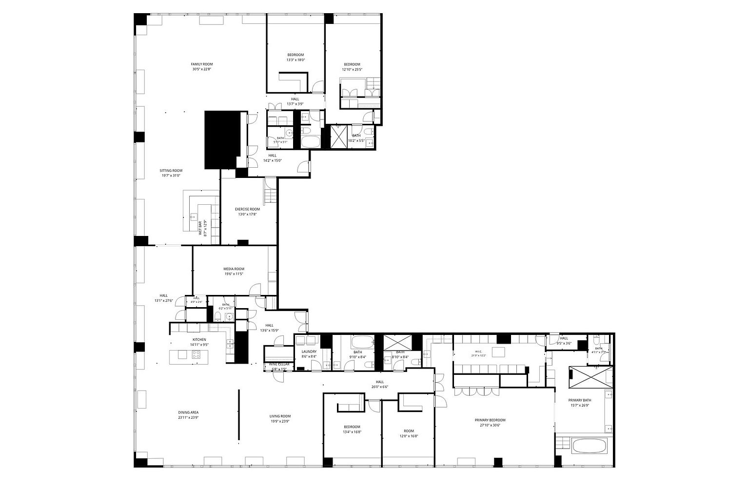 This image is a comprehensive architectural floor plan illustrating the layout of a large, multi-room residential property. The schematic details the spatial arrangement of various living areas, including a primary bedroom suite, multiple guest bedrooms, a kitchen, a family room, and specialized spaces like a home gym and wine cellar. The overhead perspective provides a clear, technical overview of the home's flow, room dimensions, and structural configuration.