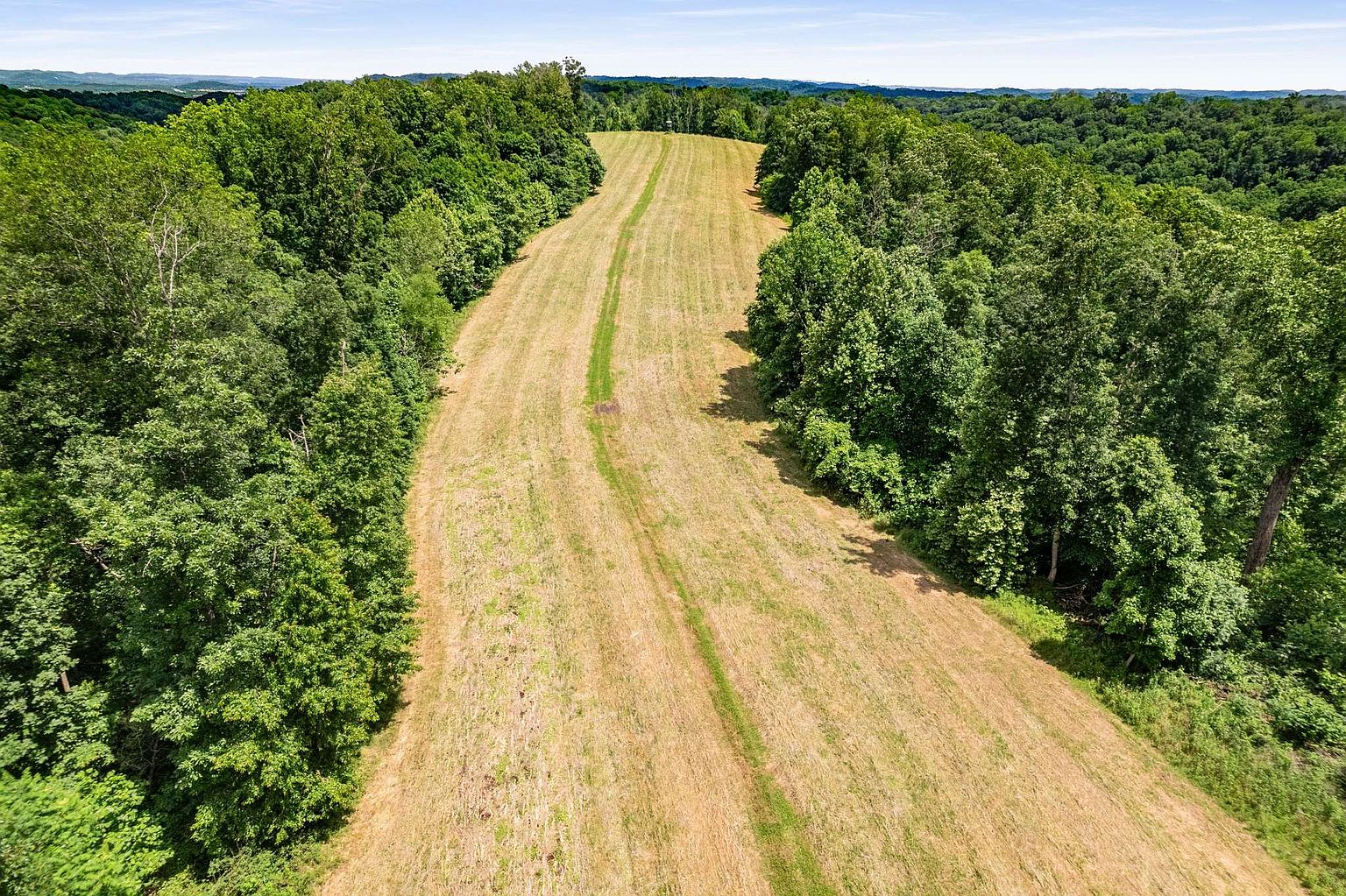 This aerial view showcases a large, cleared field bordered by dense green trees. The field features mowed paths, suggesting agricultural or recreational use. The perspective offers a broad view of the landscape, highlighting the property's size and natural surroundings.