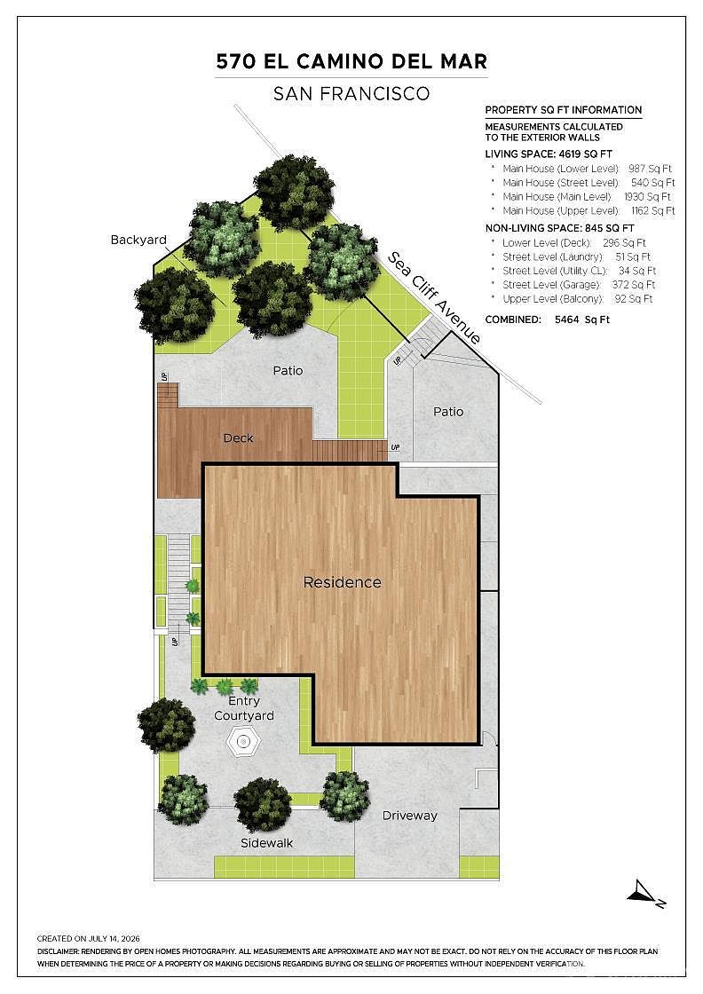 This image is a detailed 2D architectural floor plan and site map for a property located at 570 El Camino Del Mar in San Francisco. The diagram illustrates the layout of the residence, including the entry courtyard, deck, patios, and backyard, while providing a comprehensive breakdown of living and non-living square footage. It offers a clear, top-down perspective of the property's footprint and outdoor spaces, serving as a technical reference for the home's spatial configuration.