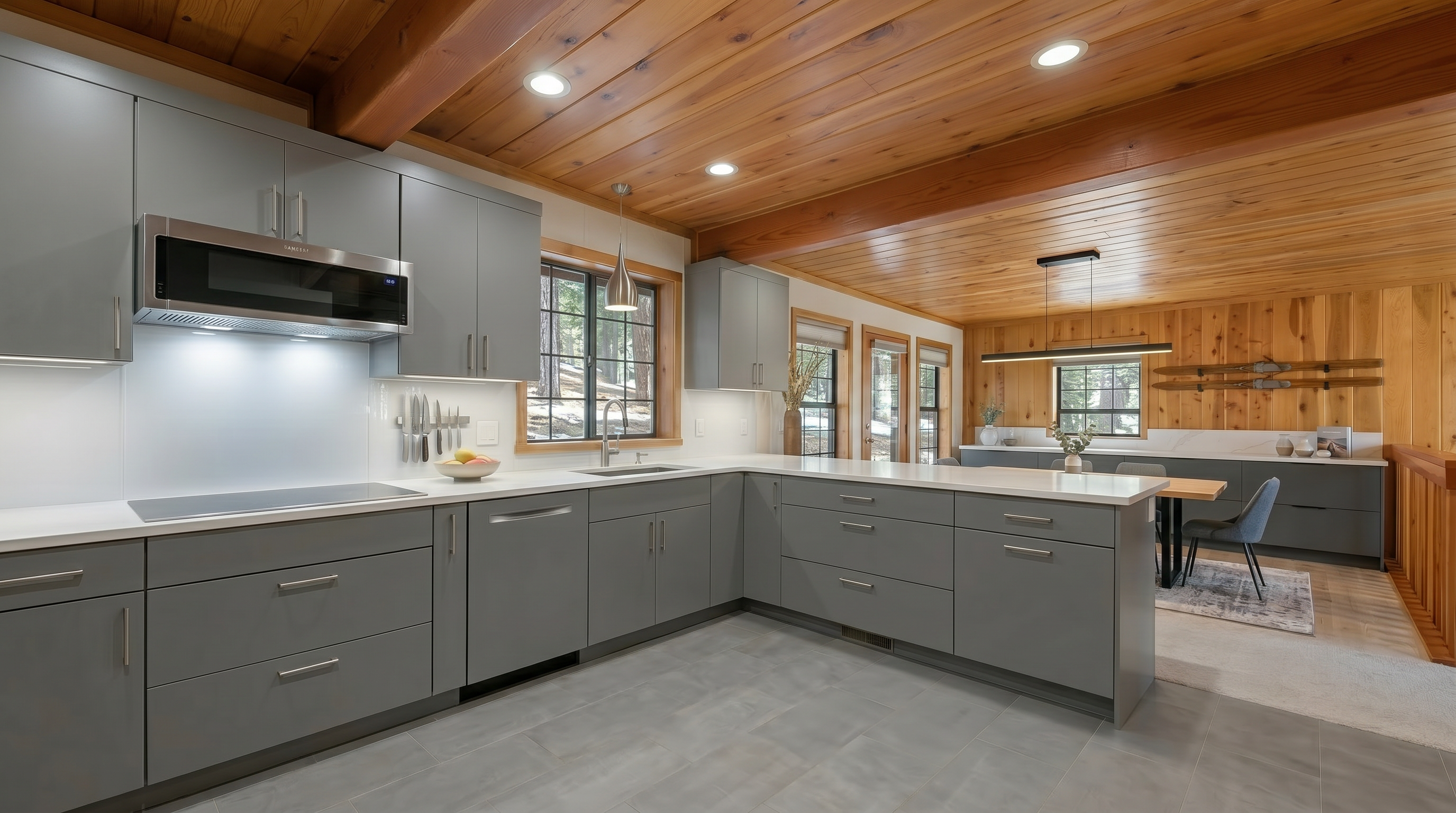 This rustic kitchen features warm wooden cabinetry, tongue-and-groove wood paneled ceilings, and dark granite countertops. It is equipped with a white electric range and a stainless steel over-the-range microwave. The space flows into an adjacent dining area, creating an inviting and cohesive cabin-style aesthetic.