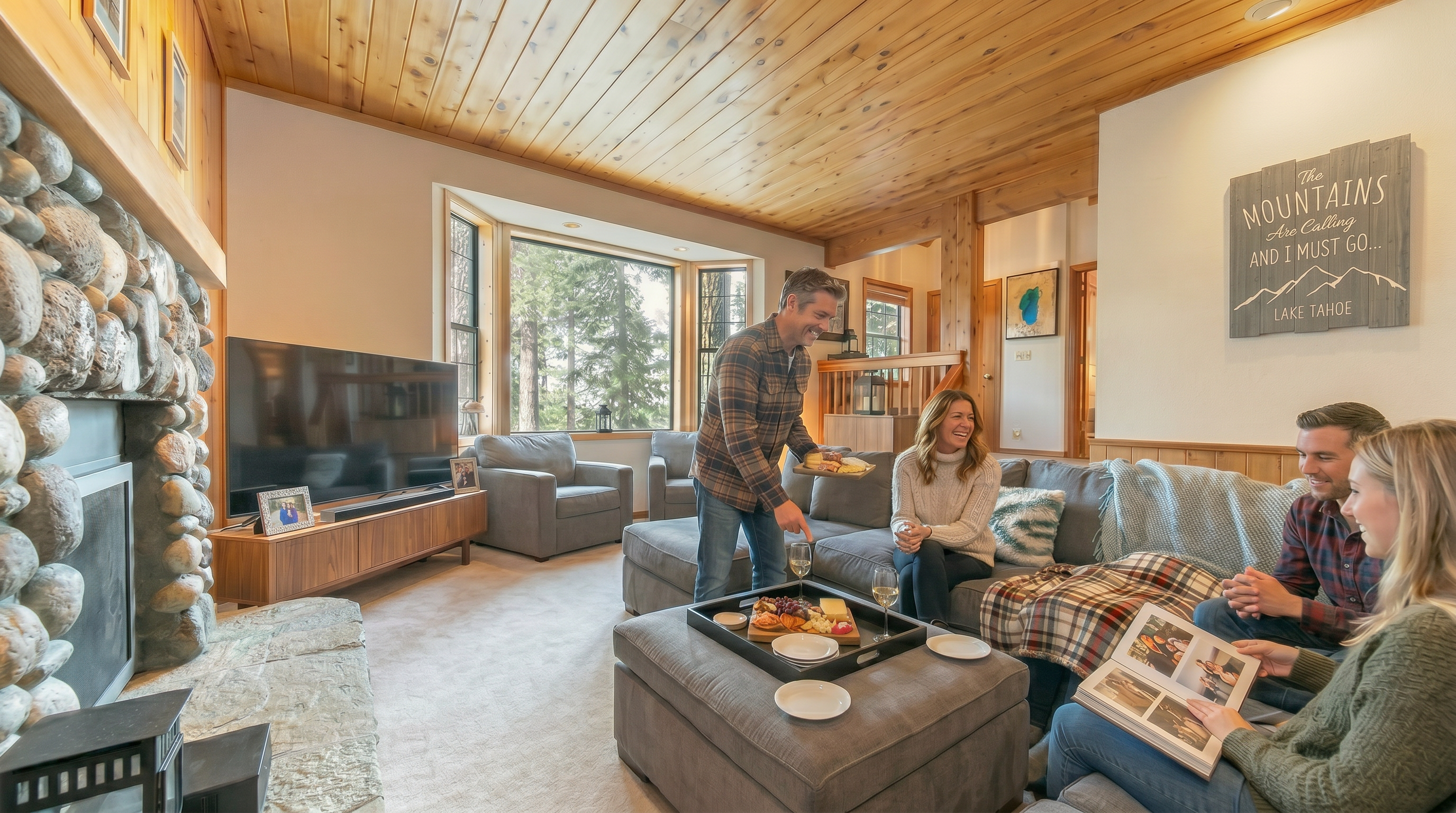 This inviting living room features a rustic cabin aesthetic, characterized by a vaulted tongue-and-groove wood ceiling and a dramatic floor-to-ceiling stone fireplace. The open-concept design includes a spacious sectional sofa, a large bay window overlooking lush trees, and warm, comfortable furniture that creates a cozy atmosphere for family gatherings.