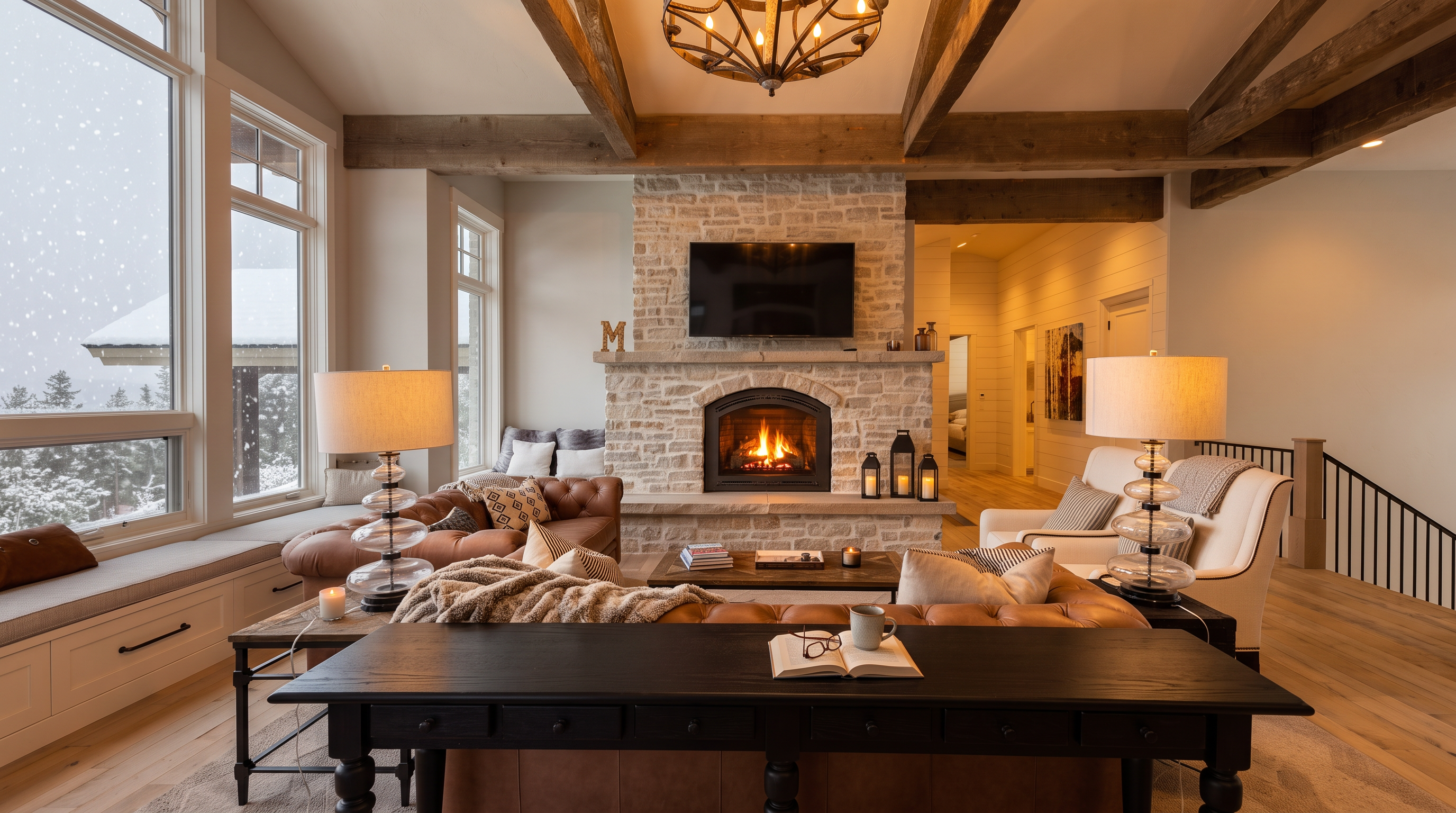 This spacious living room features a rustic aesthetic with exposed timber beams across the vaulted ceiling and a prominent stone-clad chimney breast housing a fireplace. A large brown leather sofa serves as the centerpiece, complemented by a black console table in the foreground and a window seat along the left wall. The room is bathed in natural light from large windows, creating an inviting and warm atmosphere perfect for a mountain-style home.