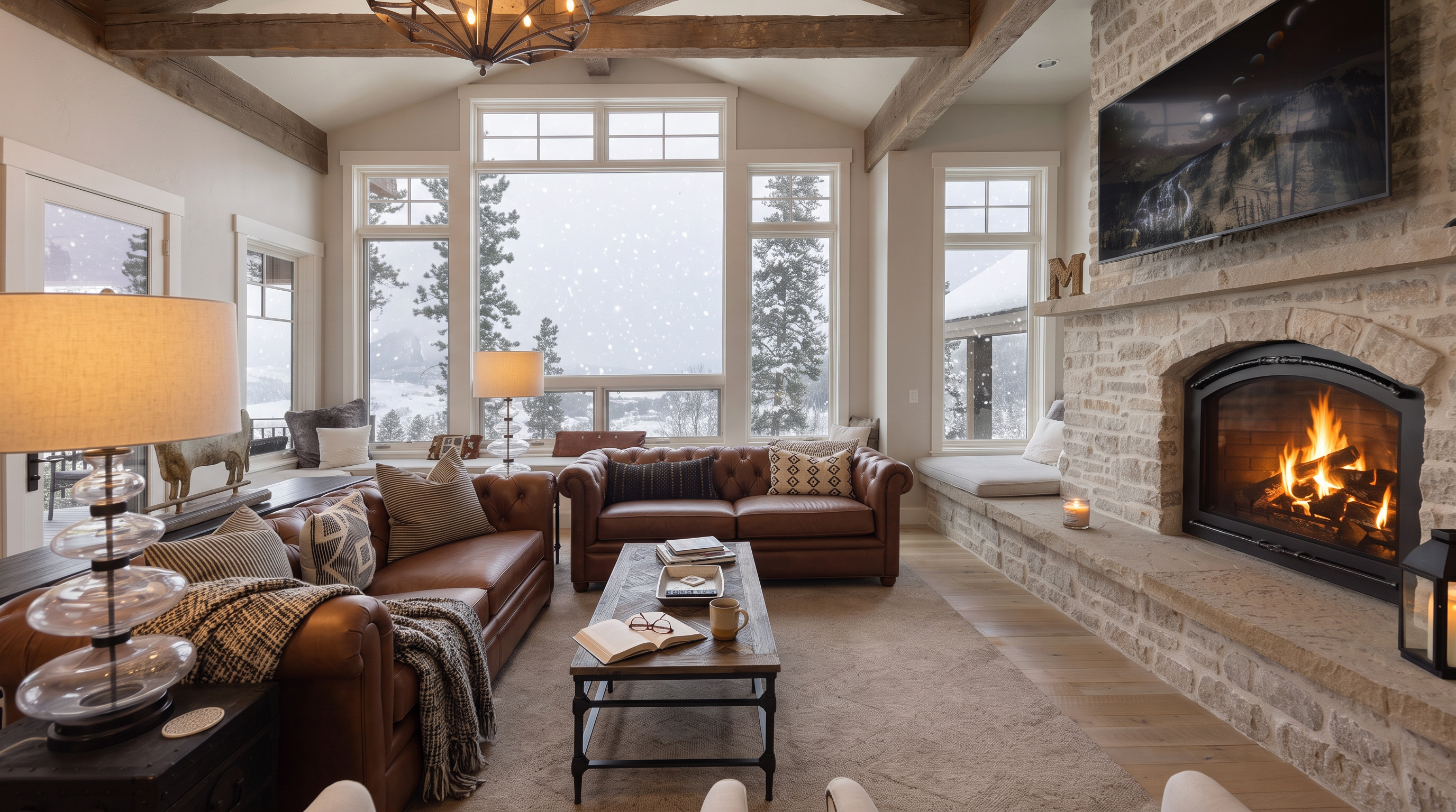 This spacious living room features a vaulted ceiling with exposed timber beams and a large stone-clad chimney breast housing a fireplace. The room is anchored by two brown leather sofas and a central coffee table, all set upon a neutral area rug. Large windows provide expansive mountain views, while built-in window seats offer cozy seating areas on either side of the fireplace.