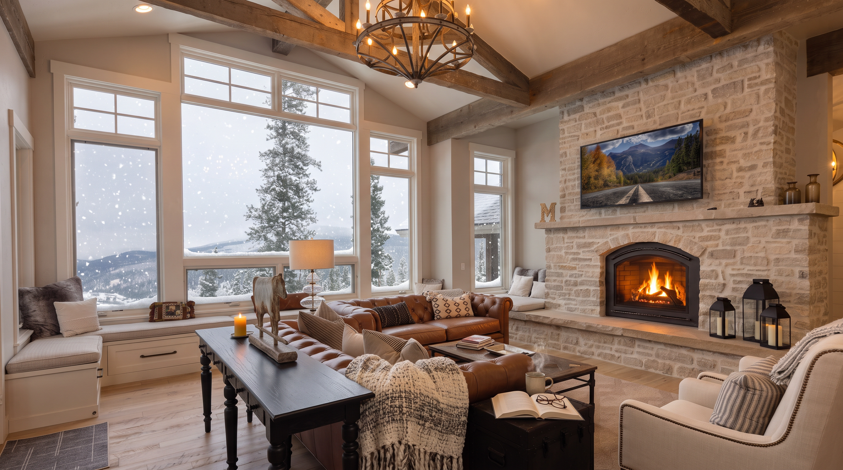 This spacious living room features a vaulted ceiling with exposed timber beams and a prominent stone-clad chimney breast housing a fireplace. A large leather sectional sofa and a cream-colored armchair provide comfortable seating, while expansive windows offer panoramic mountain views and integrated window seating. The room is anchored by a dark wood console table and a rustic chandelier, creating a warm and inviting mountain-lodge aesthetic.