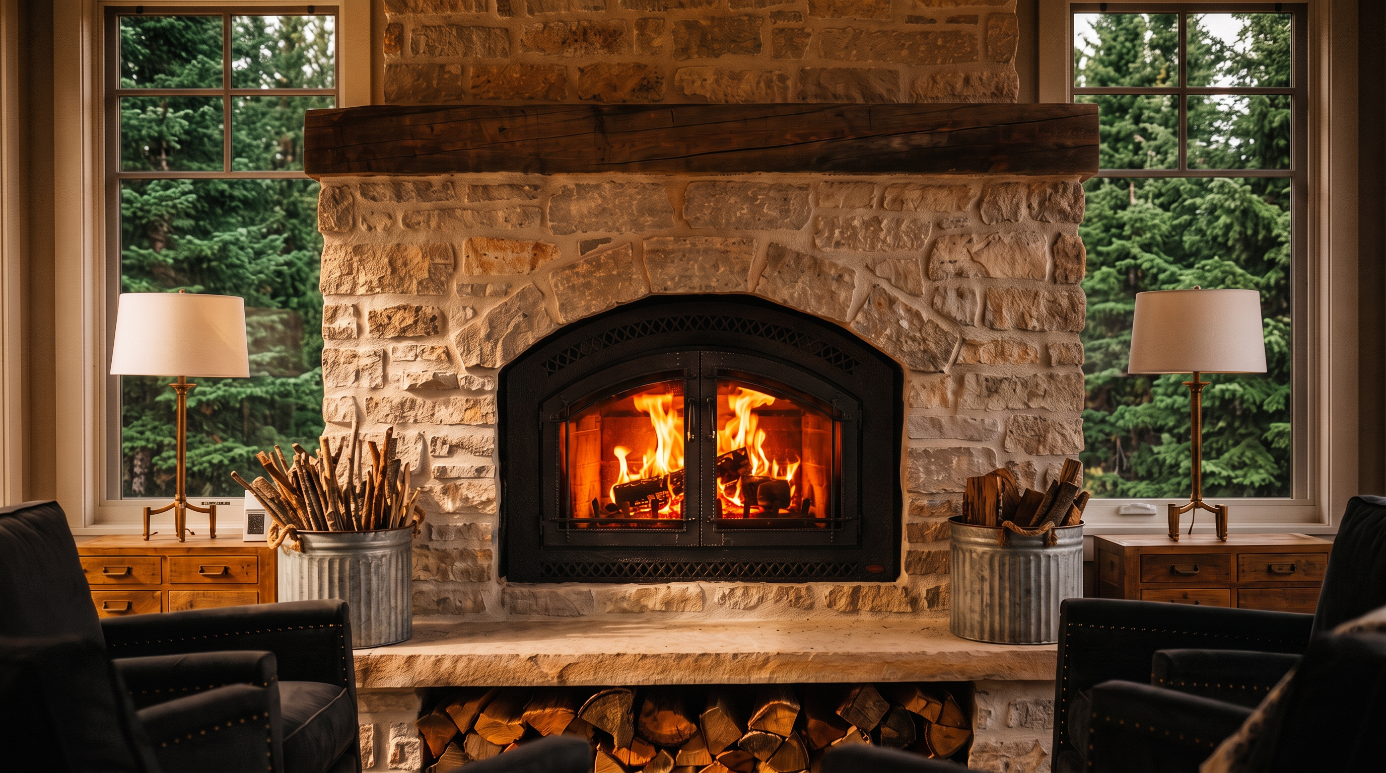 This cozy living room features a prominent stone-clad chimney breast with a rustic timber mantel and a built-in fireplace. Four dark upholstered armchairs are arranged in a conversational grouping around a patterned area rug, while large glass doors on either side provide abundant natural light and views of the surrounding forest. The space is topped with a warm-toned wood-paneled vaulted ceiling, creating a rustic yet refined atmosphere perfect for relaxing.