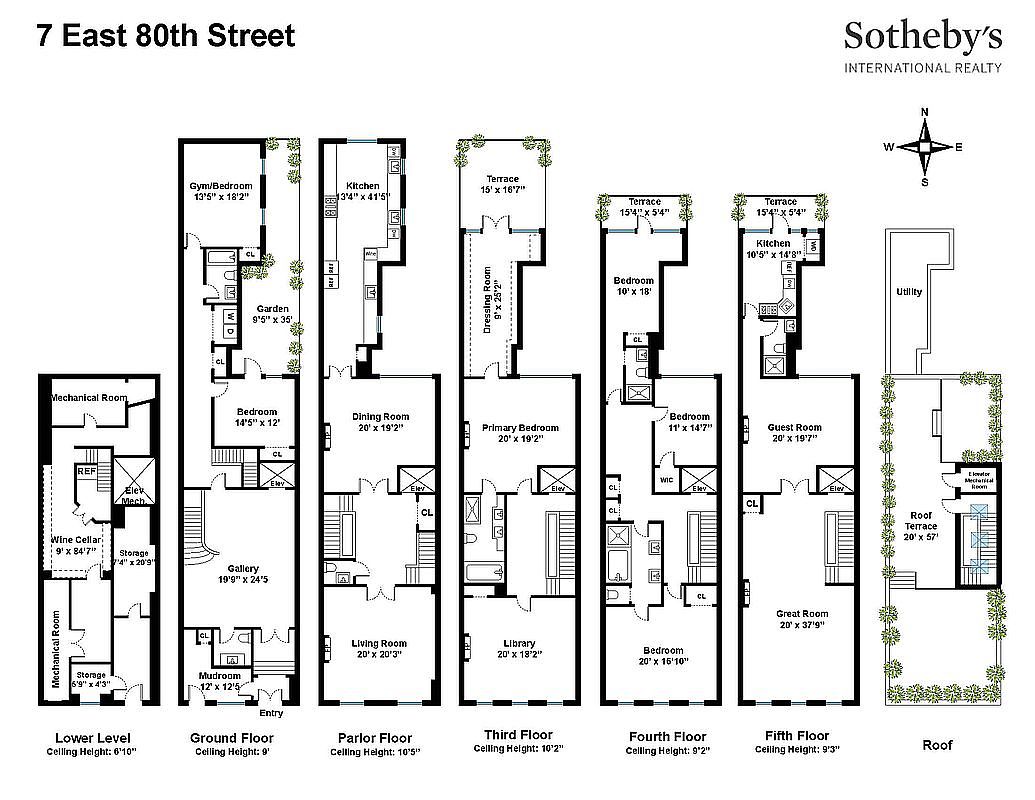 This image presents a detailed floor plan of a multi-story townhouse, showcasing the layout of each level from the lower level to the roof. The plan includes room dimensions, names (e.g., "Living Room", "Bedroom"), and features like terraces, gardens, and mechanical rooms. The style is technical and informative, designed to provide a comprehensive overview of the property's spatial arrangement.
