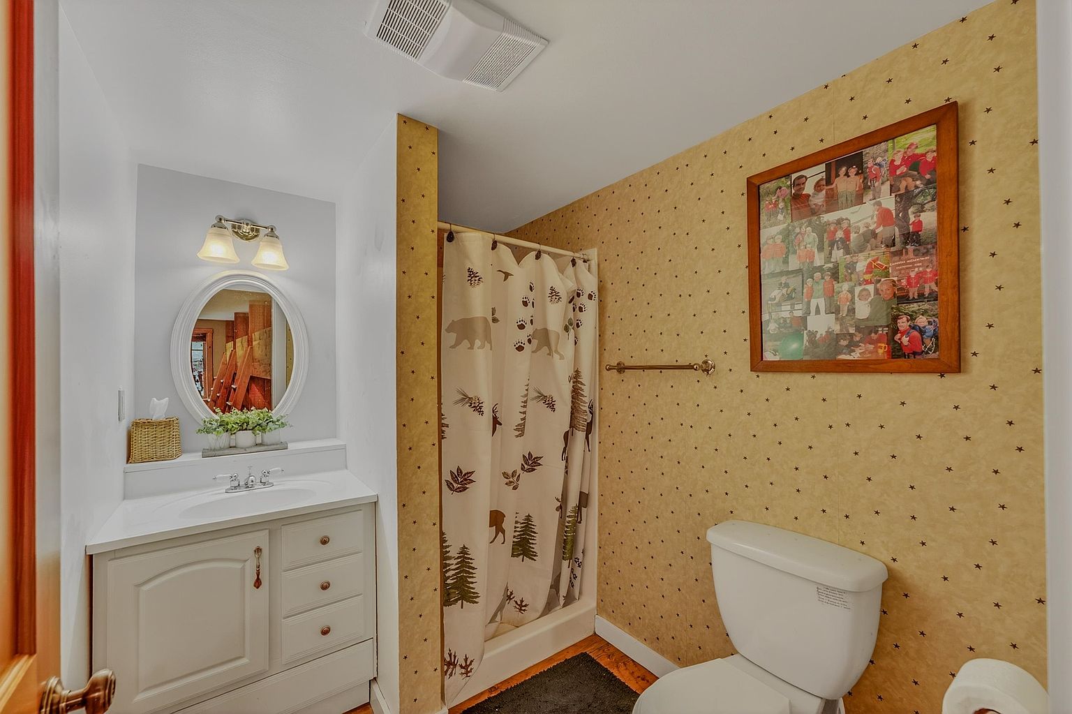 This bathroom features a vanity with a white countertop, an oval mirror, and a shower stall enclosed by a patterned curtain with a rustic wildlife theme. The walls are adorned with star-patterned wallpaper, and a framed photo collage hangs above the white toilet. The space has a cozy, cabin-inspired aesthetic with warm tones and wood-look flooring.