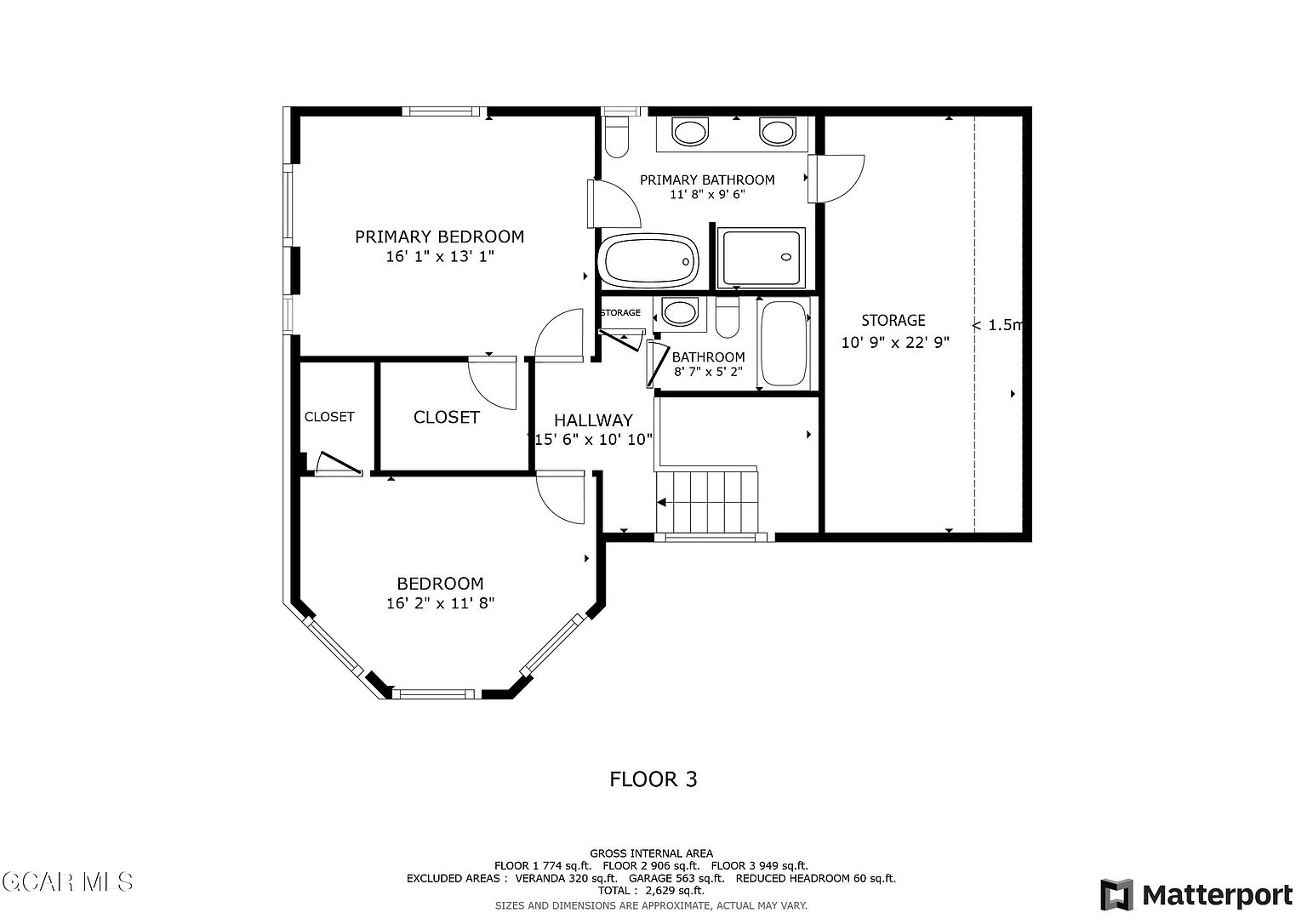 This is a floor plan of the third floor of a house. It includes a primary bedroom with an ensuite bathroom, a second bedroom, a hallway, and a storage area. The layout provides a clear view of the room dimensions and their relationships to each other.