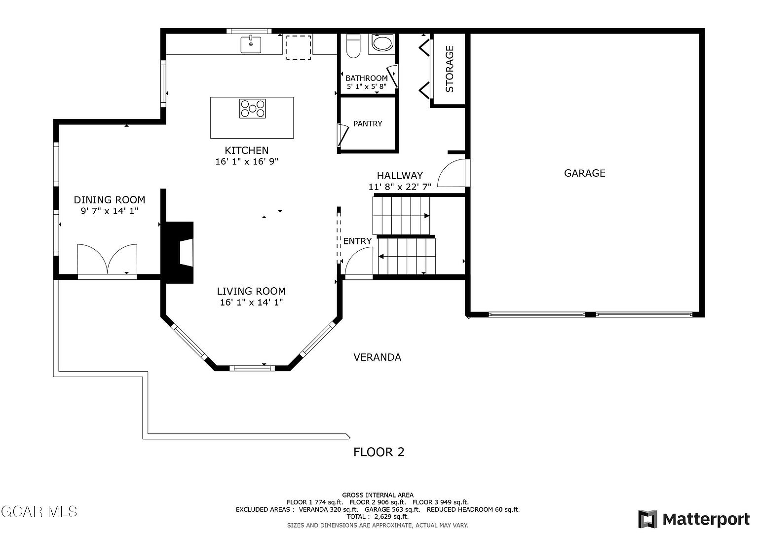 This is a floor plan of a house, specifically the second floor. It includes a dining room, kitchen, living room, bathroom, pantry, hallway, entry, veranda, storage, and garage. The dimensions of each room are clearly labeled, providing a comprehensive overview of the layout.