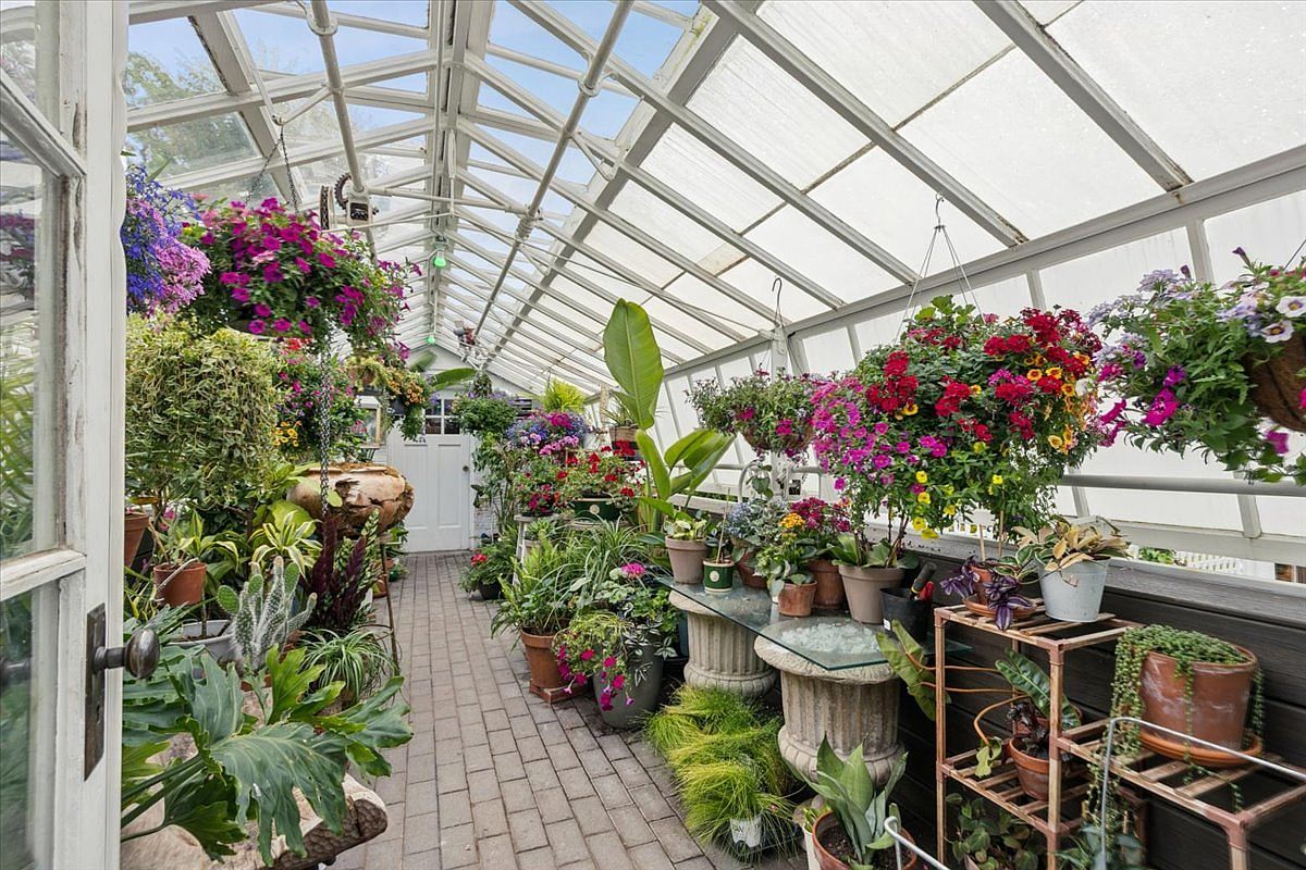 This bright and airy conservatory features a classic glass-paneled roof and walls, creating a lush, greenhouse-like atmosphere filled with a variety of hanging and potted plants. The space is paved with neutral-toned brick flooring and includes tiered metal shelving and stone pedestals for displaying greenery. The perspective looks down the length of the structure toward a white door, highlighting the abundant natural light and vibrant botanical collection.