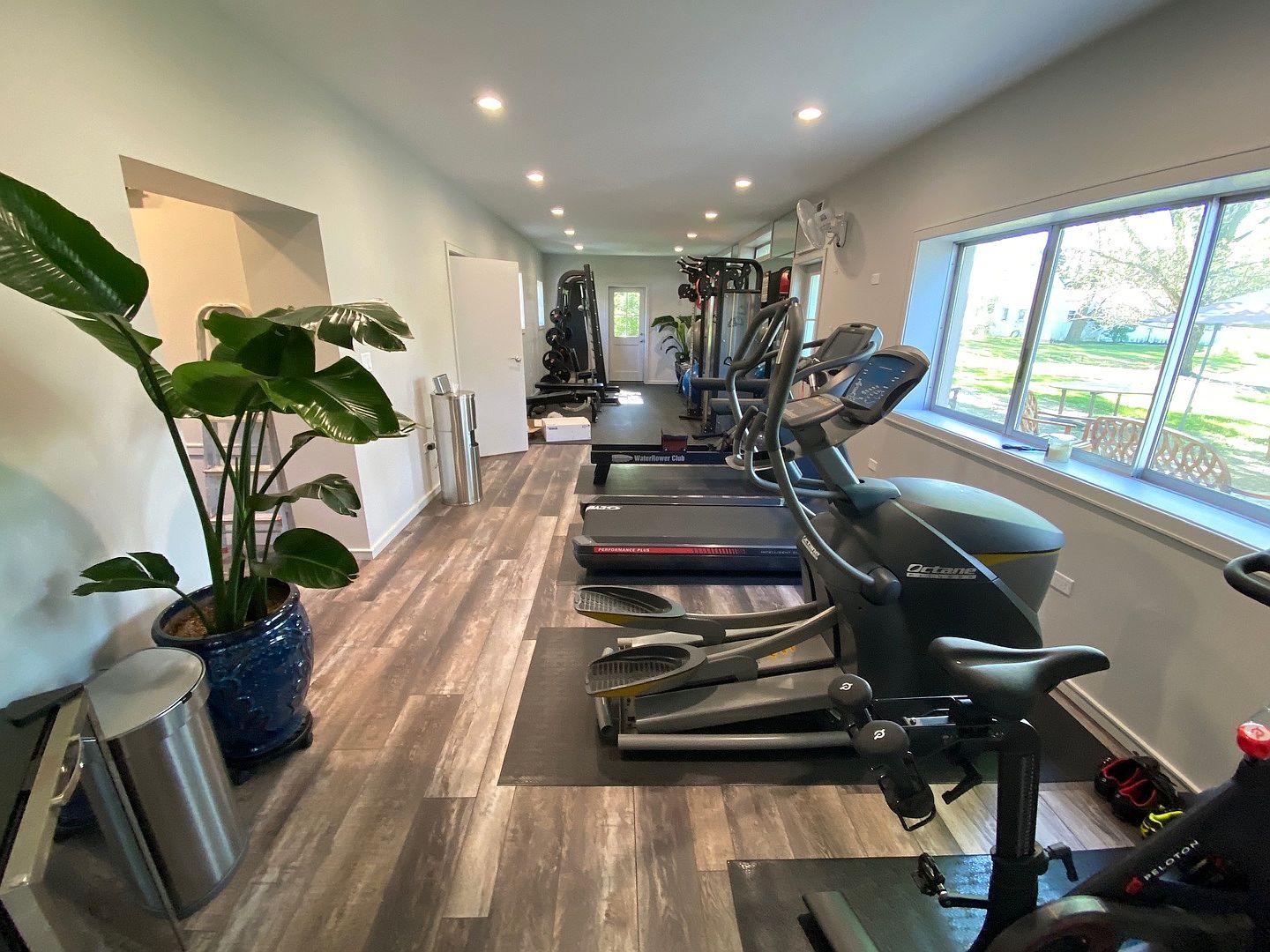 This well-equipped home gym features wood-look flooring and a long, narrow layout filled with various fitness machines, including an elliptical, a treadmill, and a stationary bike. A large potted plant adds a touch of greenery near the entrance, while a row of large windows along the right wall provides ample natural light and views of the outdoors. The space is organized with dedicated floor mats for equipment, creating a functional and inviting environment for exercise.