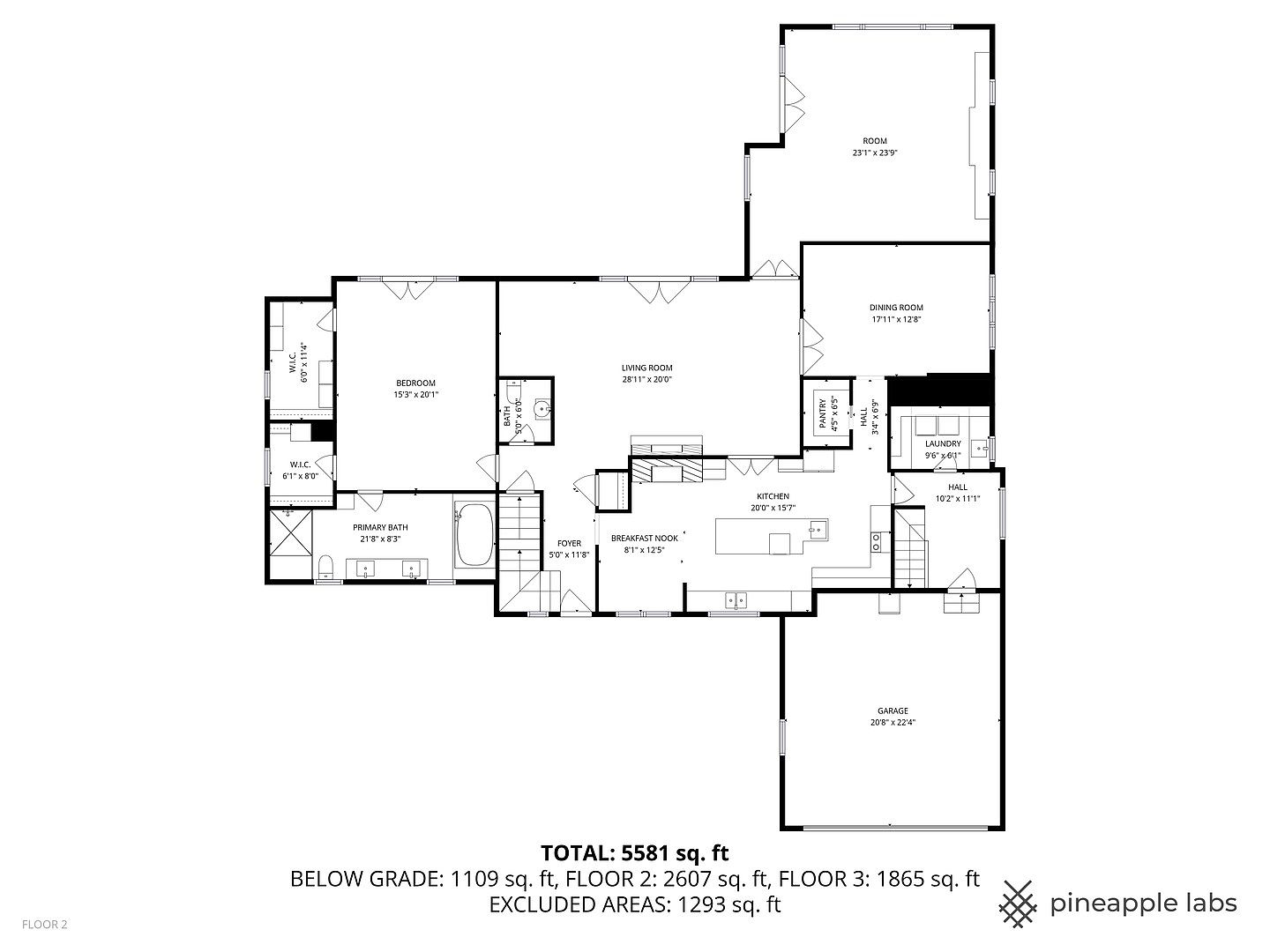 This image presents a detailed floor plan of a multi-story house, showcasing the layout of rooms such as the living room, kitchen, bedrooms, bathrooms, and garage. The plan includes dimensions for each room and indicates the total square footage of the house, along with the square footage for each floor and excluded areas. The style is technical and informative, designed to provide a comprehensive overview of the property's spatial arrangement.