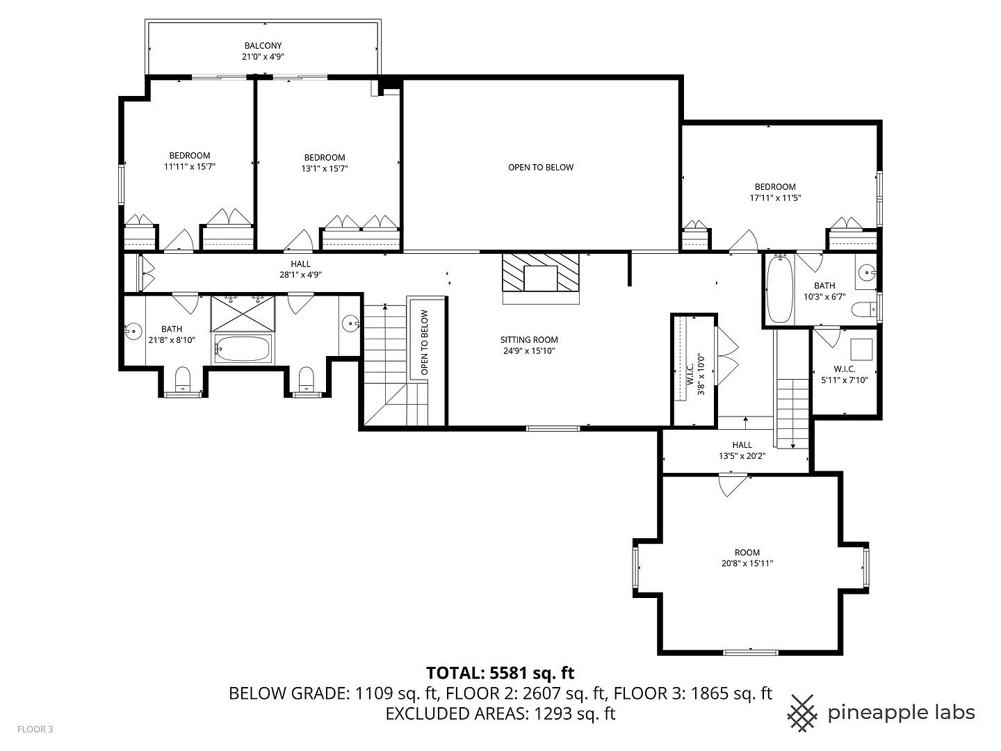This image presents a detailed floor plan of a multi-story house, showcasing the layout of rooms on the third floor. The plan includes bedrooms, bathrooms, a sitting room, a balcony, and hallways, with dimensions clearly marked for each space. The overall impression is of a spacious and well-designed home.