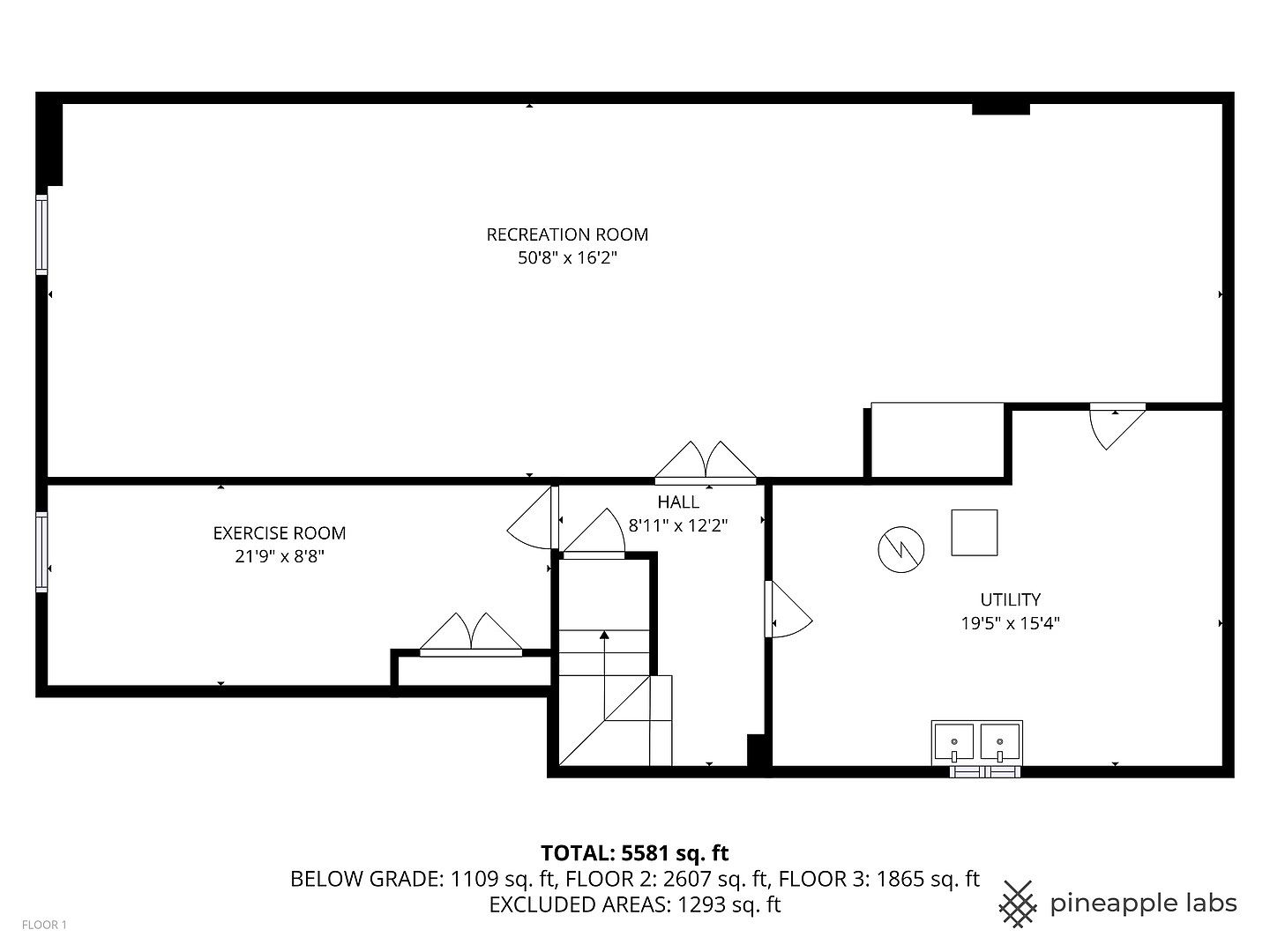This image showcases a floor plan of a basement, featuring a recreation room, exercise room, hall, and utility area. The layout provides a clear understanding of the space distribution and dimensions, which is useful for potential buyers to visualize the basement's potential. The floor plan also includes total square footage and area breakdowns.