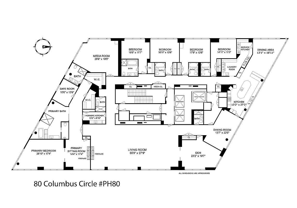 This image is a detailed architectural floor plan for a luxury penthouse residence at 80 Columbus Circle, unit #PH80. The layout showcases an expansive, open-concept design featuring a massive living room, multiple bedrooms with en-suite bathrooms, a primary suite with a sitting room, and a dedicated media room. The schematic highlights high-end amenities including a safe room, multiple walk-in closets, a service kitchen, and a formal dining area, emphasizing a sophisticated and spacious urban living arrangement.
