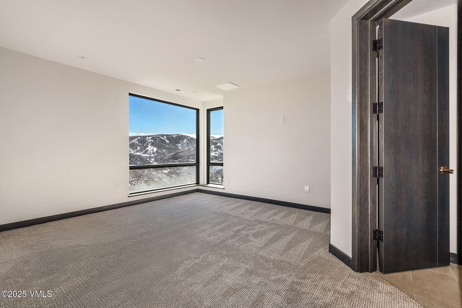 This is an interior shot of a bedroom featuring neutral-toned carpet and walls. A large window offers a scenic view of snow-capped mountains. A dark wood door with matching trim is partially open on the right side of the frame, adding depth and a sense of entry into the space.