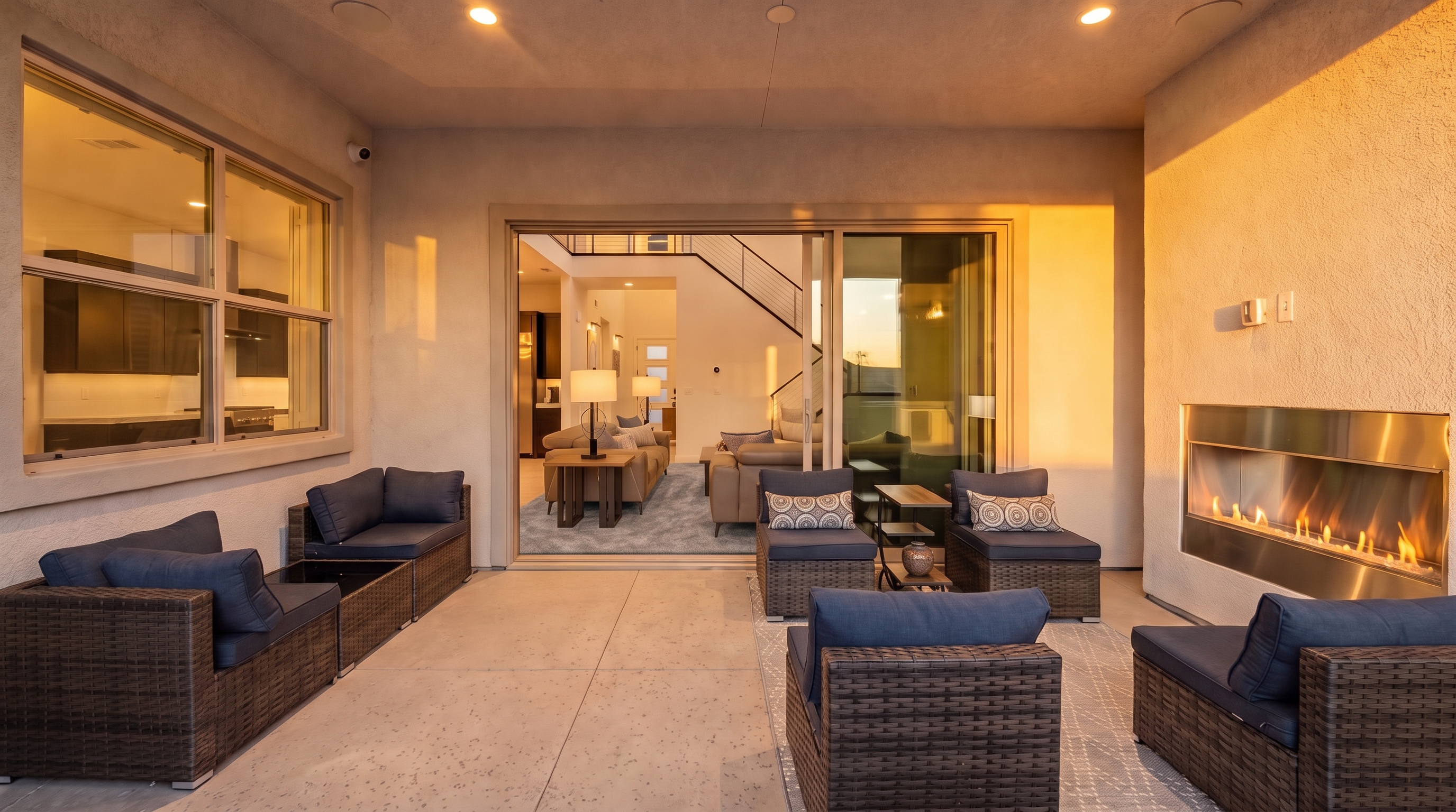 This covered outdoor patio features a modern linear fireplace set into a sleek, metallic-finished wall. The space is furnished with dark wicker seating arrangements, including sofas and armchairs, arranged on a patterned area rug. Large sliding glass doors open into the home's interior, creating a seamless transition between the indoor living area and the outdoor lounge.