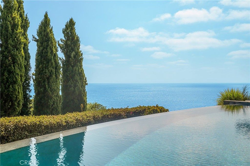 This image showcases a luxurious infinity pool overlooking a serene ocean view under a partly cloudy sky. Tall, slender trees line the edge of the property, adding privacy and a touch of elegance. The pool's design seamlessly blends with the horizon, creating a sense of tranquility and sophistication, perfect for a high-end real estate listing.