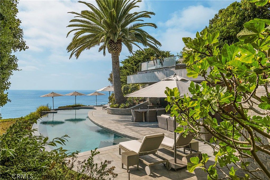 This image showcases a luxurious outdoor pool and patio area with stunning ocean views. The infinity pool blends seamlessly with the horizon, while lounge chairs and dining furniture offer ample space for relaxation and entertainment. A tall palm tree and lush greenery add to the tropical ambiance, creating a serene and upscale atmosphere.