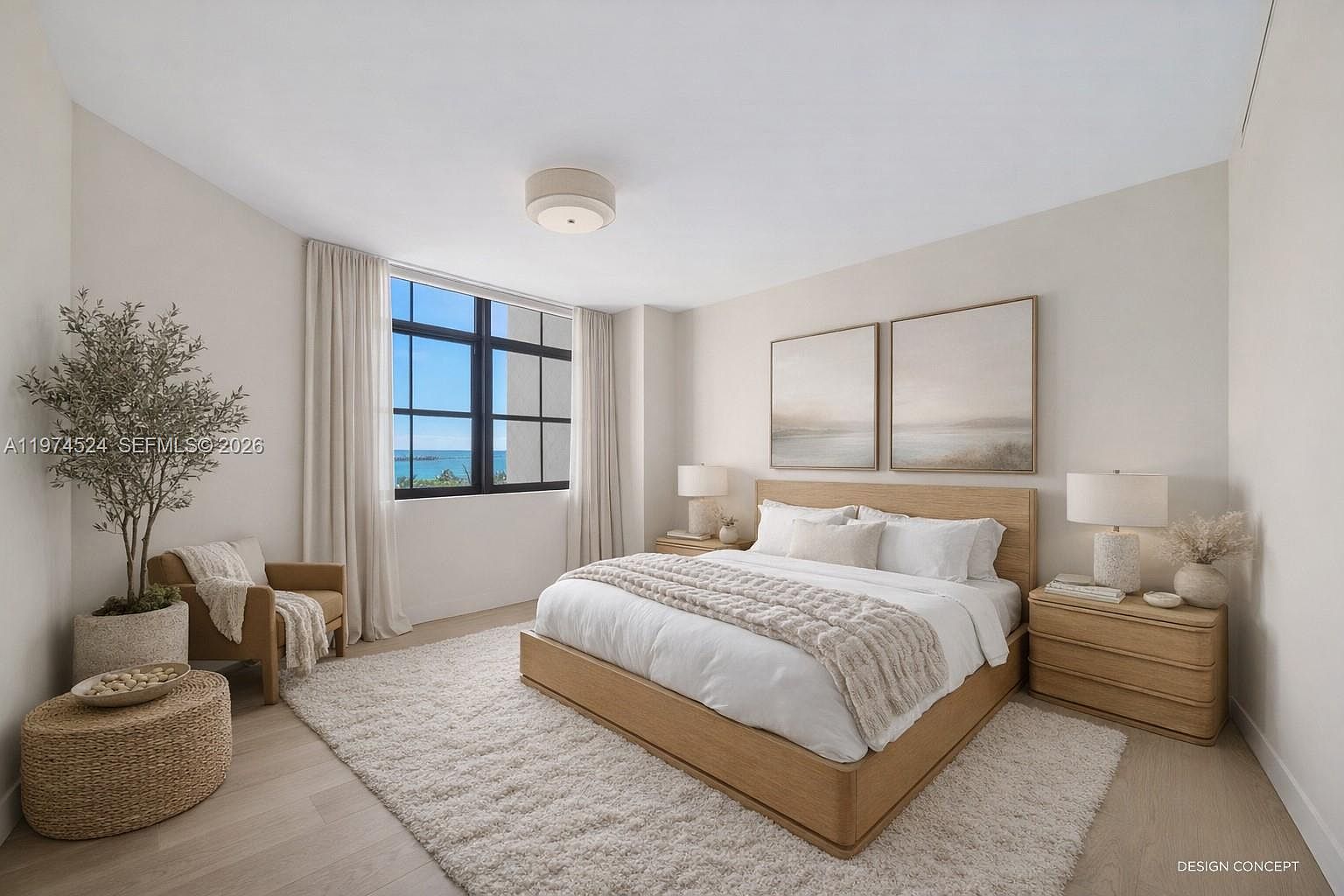 This serene primary bedroom features a light wood bed frame centered against a neutral wall adorned with two large landscape art pieces. A plush, textured area rug anchors the space, while a cozy armchair and a potted tree create a comfortable reading nook near the large window overlooking the ocean. The room is bathed in soft, natural light, emphasizing the clean, minimalist aesthetic and calming coastal atmosphere.