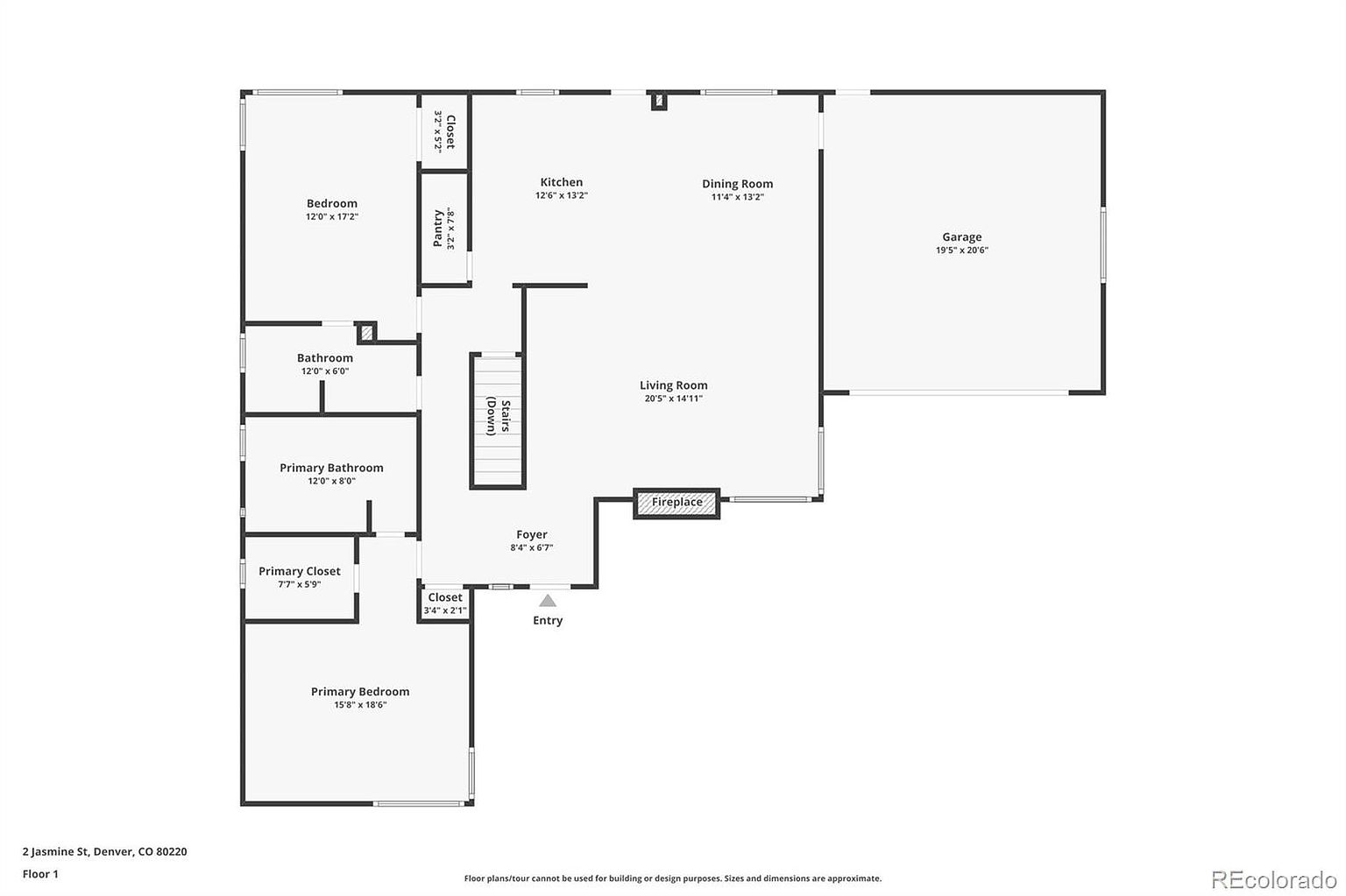 This image presents a detailed floor plan of a house, showcasing the layout of rooms on the first floor. The plan includes dimensions for each room, such as the primary bedroom, living room, kitchen, and garage, providing a comprehensive overview of the property's spatial arrangement. The floor plan is designed to give potential buyers a clear understanding of the home's structure and room sizes.
