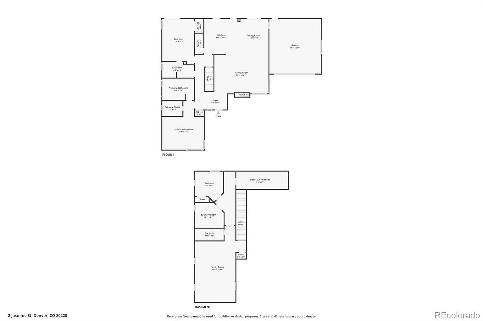 This image displays a detailed floor plan of a two-story house, including the first floor and basement. The layout includes bedrooms, bathrooms, a kitchen, a living room, a dining room, a garage, a laundry room, and various closets. The floor plan provides a clear understanding of the spatial arrangement and dimensions of the property.