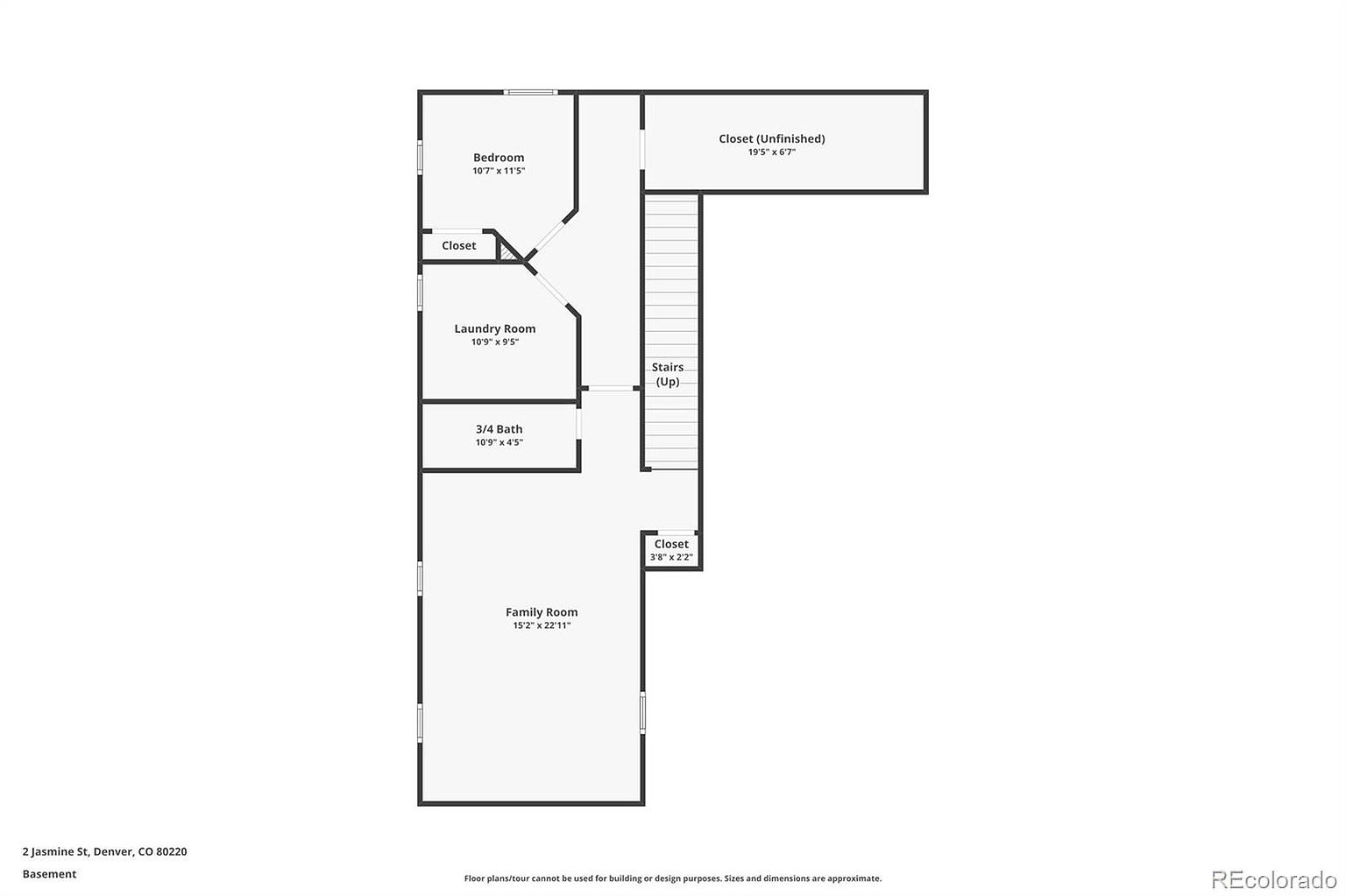 This image showcases a floor plan of a basement, detailing various rooms and their dimensions. The layout includes a family room, 3/4 bath, laundry room, bedroom, and unfinished closet, connected by hallways and stairs. The floor plan provides a clear overview of the basement's spatial arrangement and potential use.