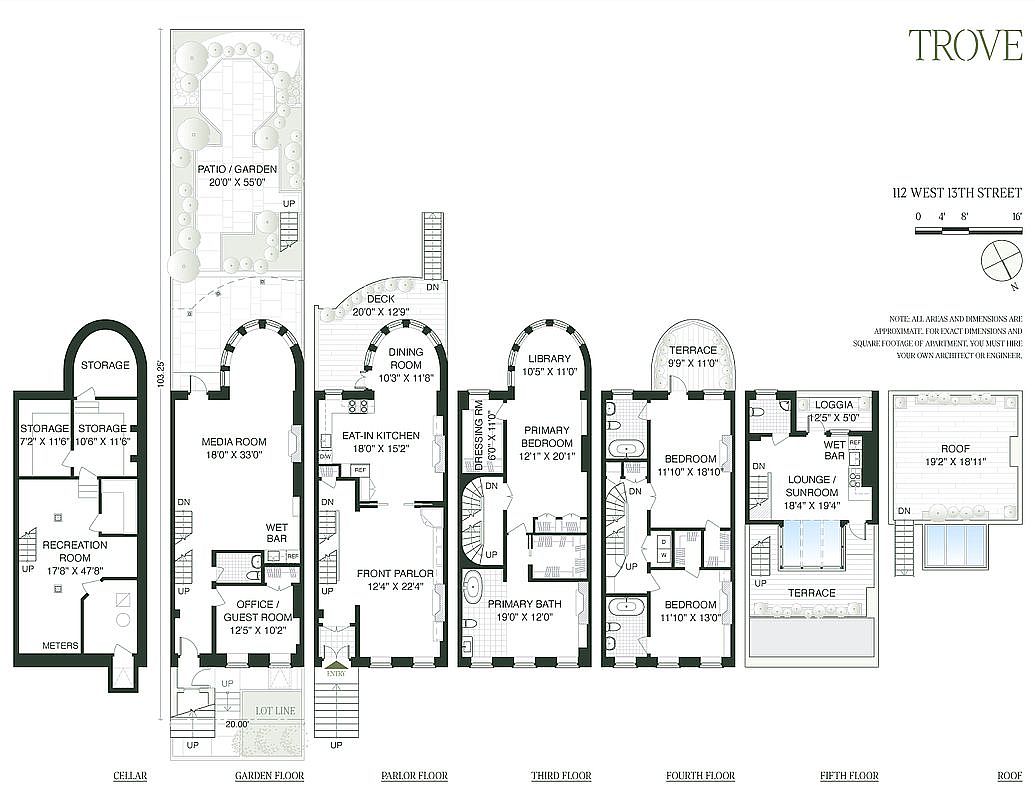 This image presents a detailed floor plan of a multi-story townhouse, showcasing the layout of each floor from the cellar to the roof. The plan includes dimensions for rooms such as the media room, dining room, bedrooms, and outdoor spaces like the patio/garden and terrace, providing a comprehensive overview of the property's spatial arrangement and features.