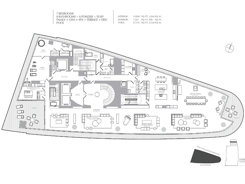 This image showcases a detailed floor plan of a luxurious residence, highlighting 7 bedrooms, 8 bathrooms, a family area, gym, spa, terrace, den, and pool. The layout includes a summer kitchen, multiple lounges, a dining room, and a gallery, emphasizing spaciousness and upscale living. The floor plan provides a comprehensive overview of the property's design and features.